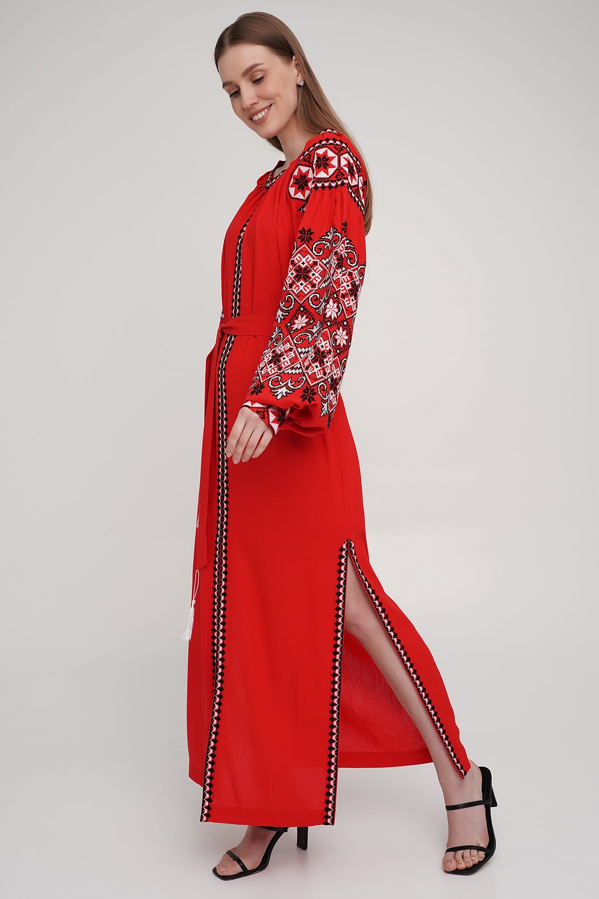 Women’s Red Embroidered Dress with White Cross-Stitch – Linen Blend