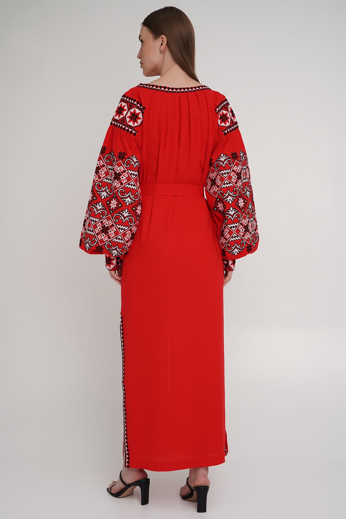 Women’s Red Embroidered Dress with White Cross-Stitch – Linen Blend