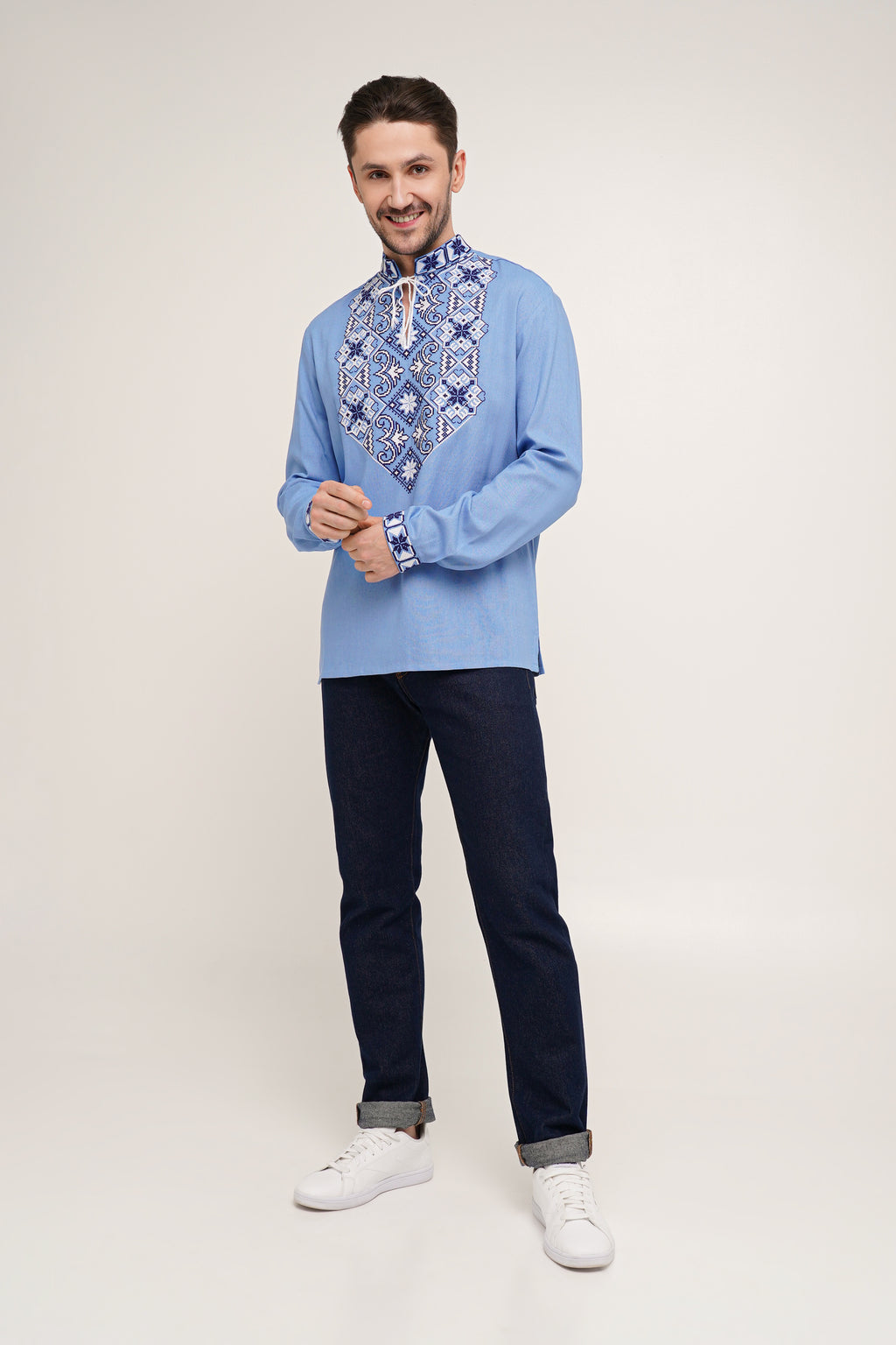 Men’s Embroidered Shirt – Light Blue Ukrainian Vyshyvanka with White-Blue Cross Stitch