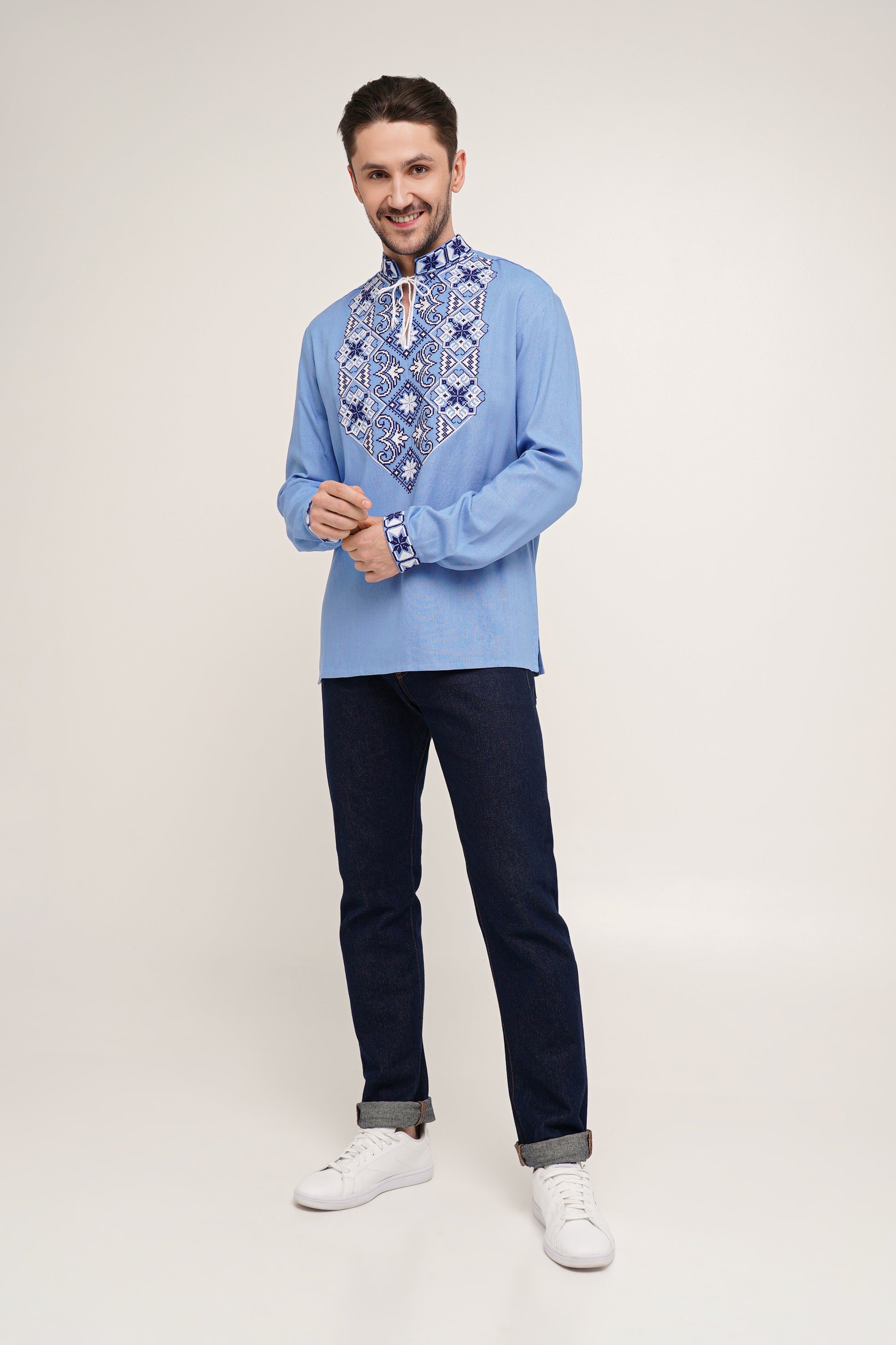 Men’s Embroidered Shirt – Light Blue Ukrainian Vyshyvanka with White-Blue Cross Stitch