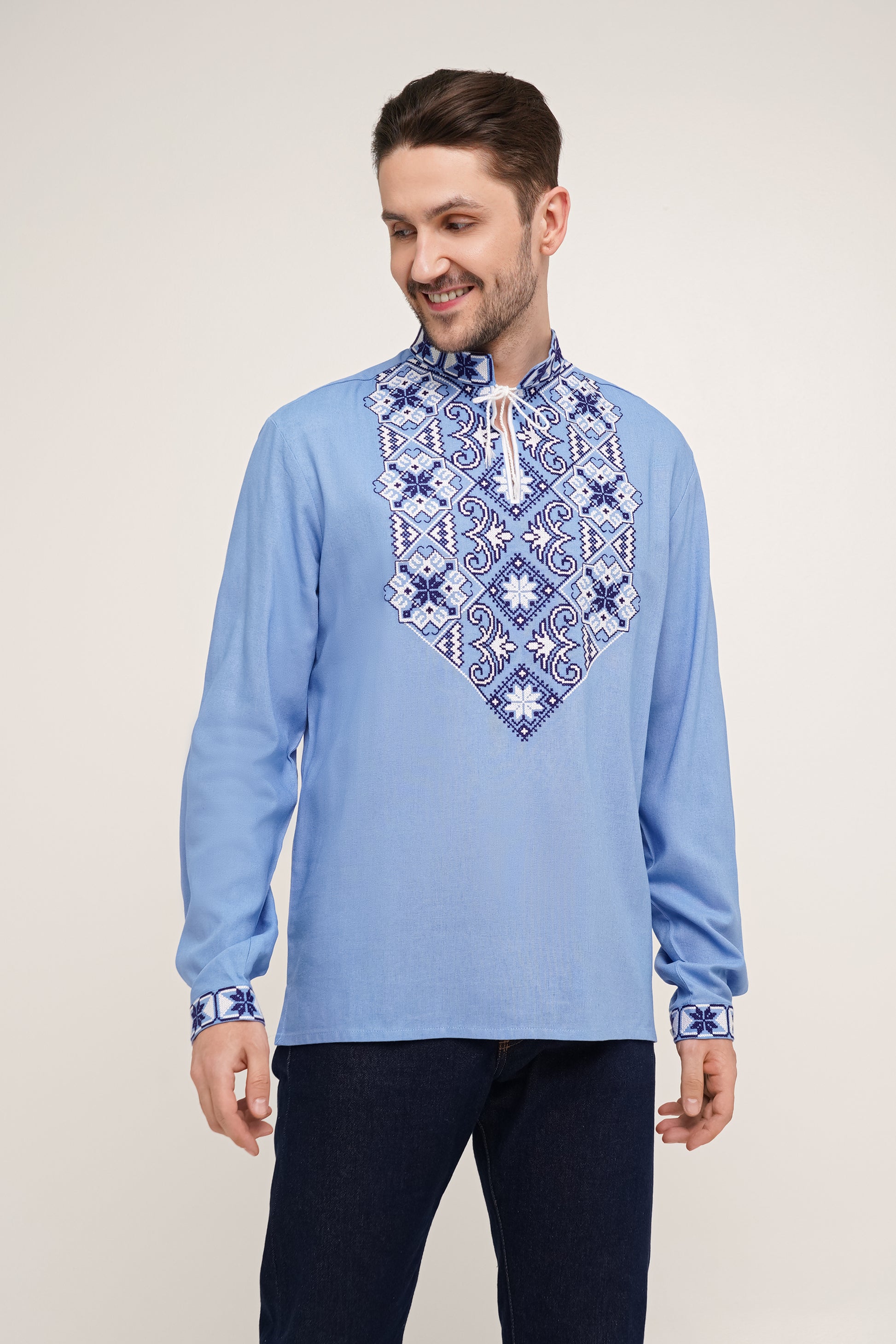 Men’s Embroidered Shirt – Light Blue Ukrainian Vyshyvanka with White-Blue Cross Stitch