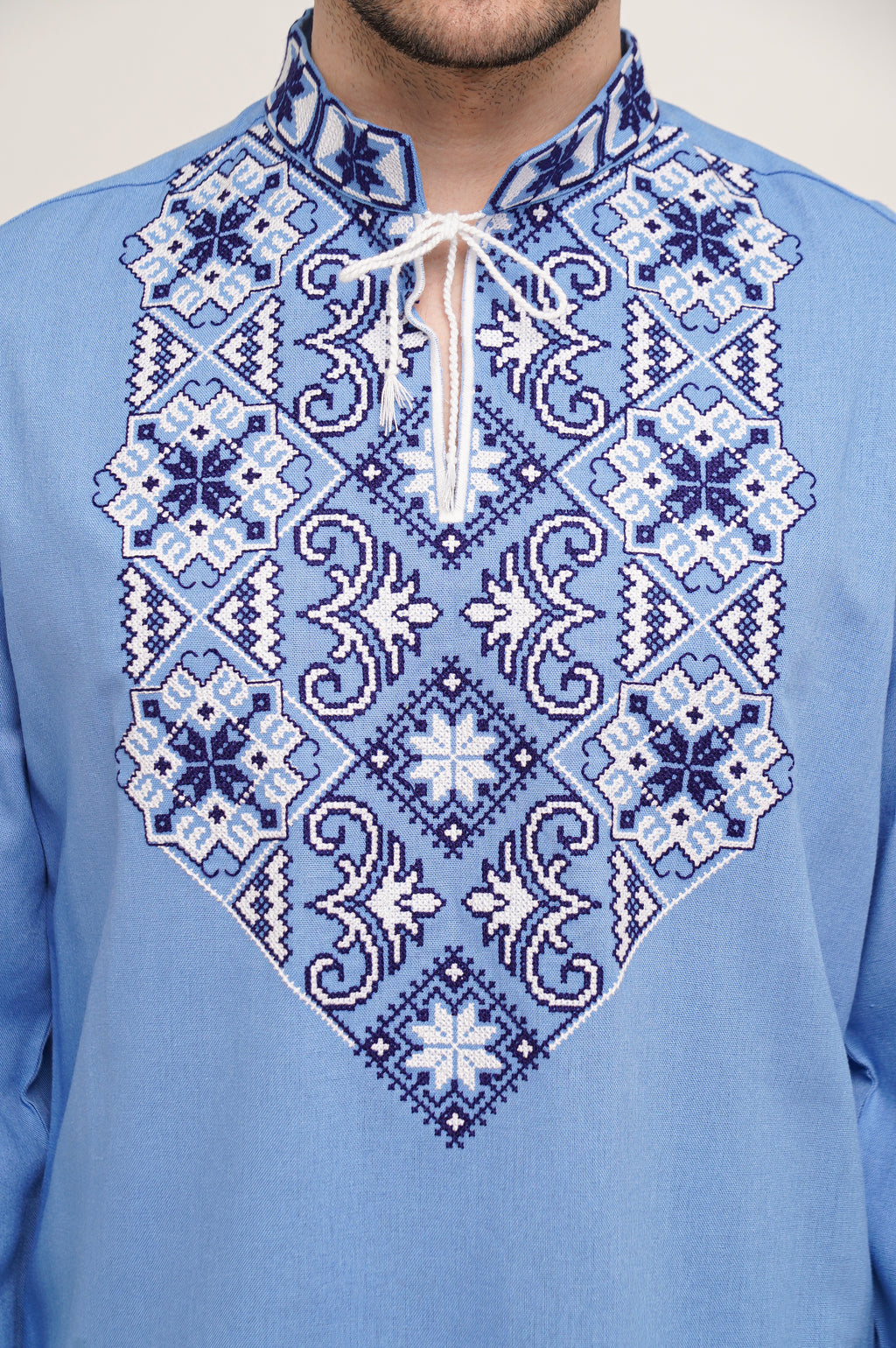 Men’s Embroidered Shirt – Light Blue Ukrainian Vyshyvanka with White-Blue Cross Stitch