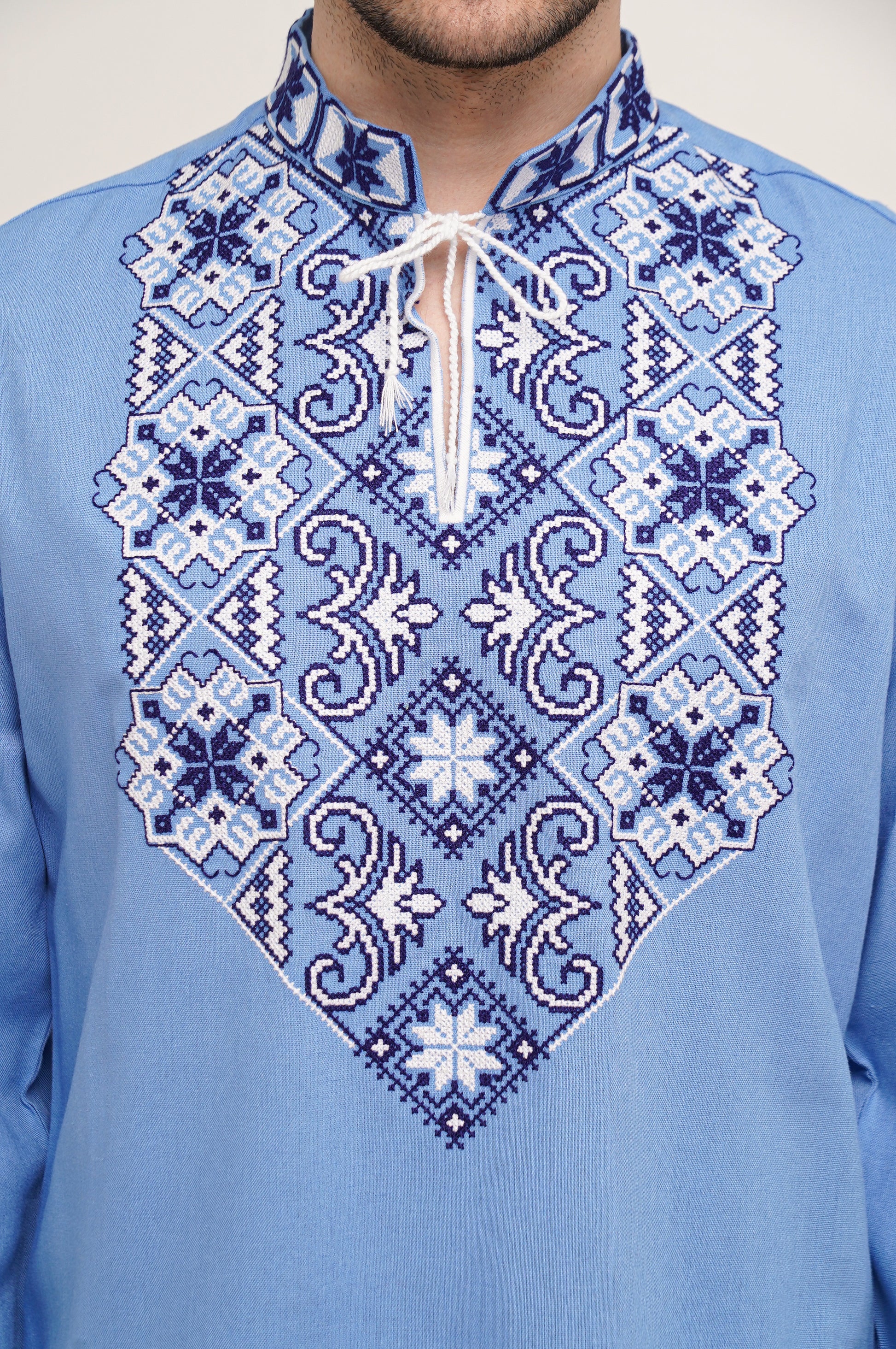 Men’s Embroidered Shirt – Light Blue Ukrainian Vyshyvanka with White-Blue Cross Stitch