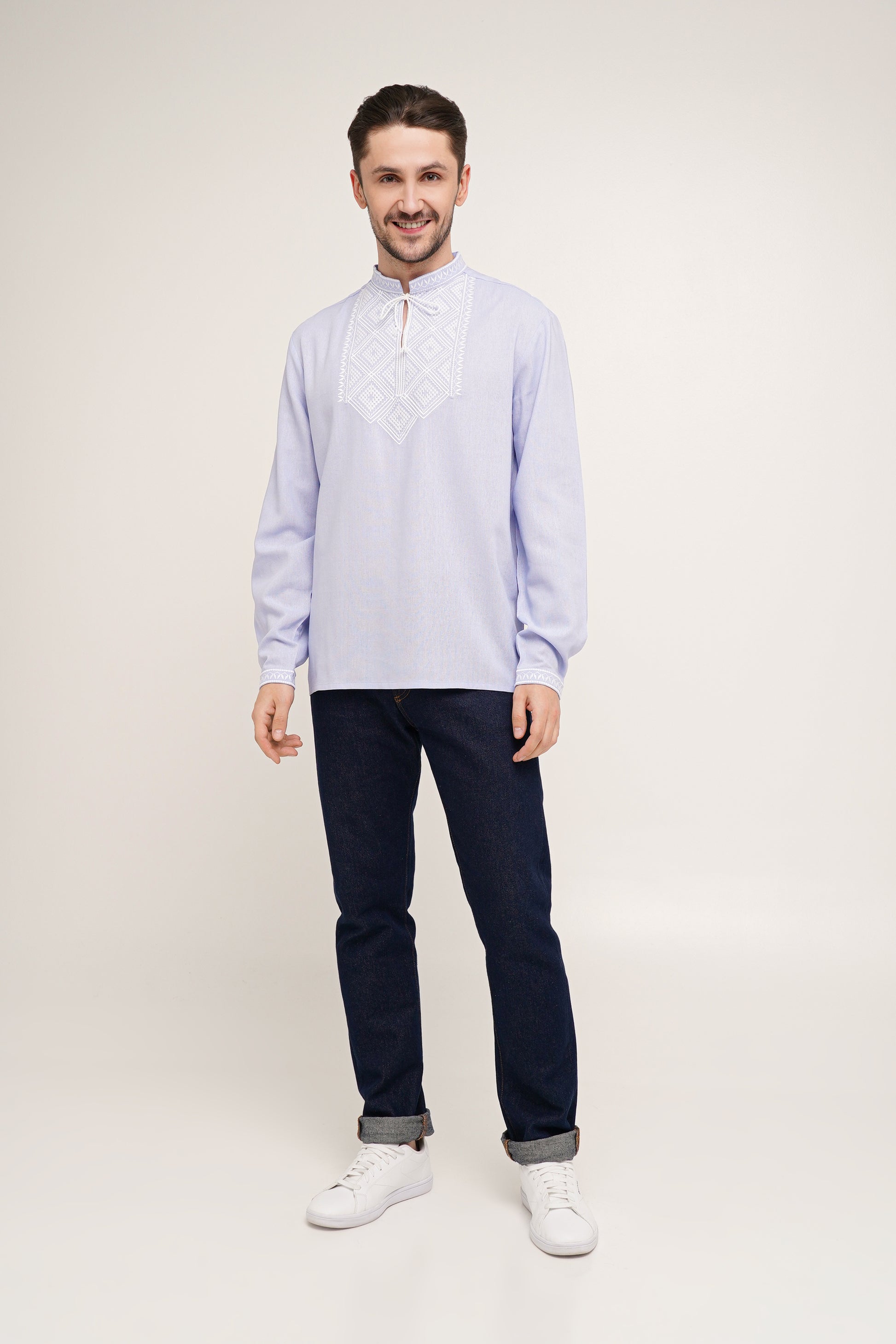 Men’s Embroidered Shirt – Blue Ukrainian Vyshyvanka with White Cross Stitch