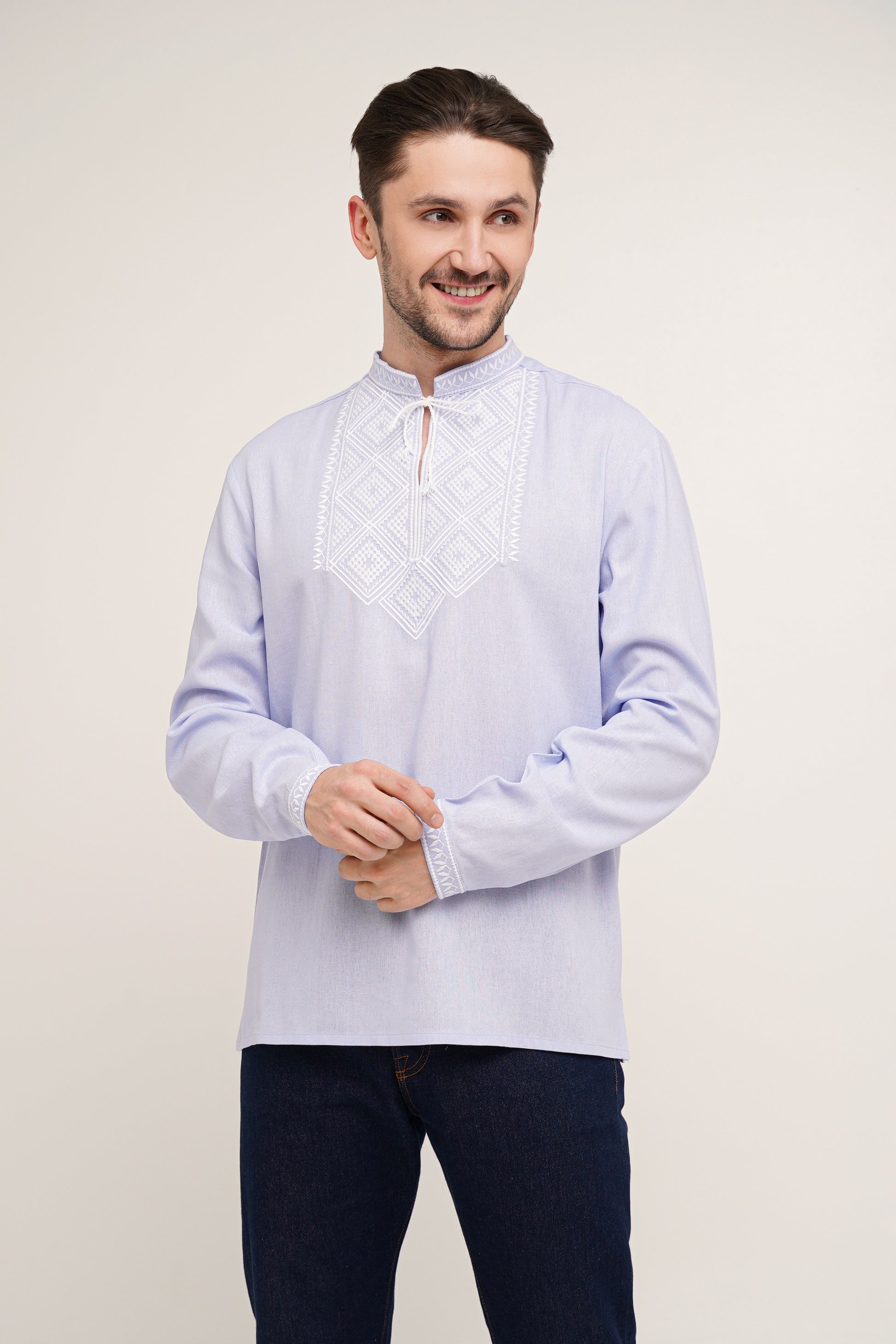 Men’s Embroidered Shirt – Blue Ukrainian Vyshyvanka with White Cross Stitch