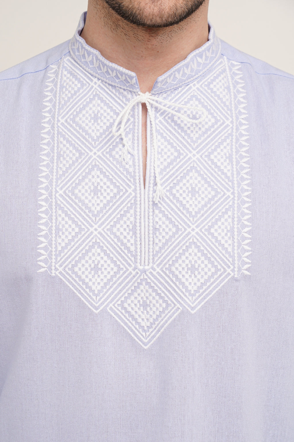 Men’s Embroidered Shirt – Blue Ukrainian Vyshyvanka with White Cross Stitch