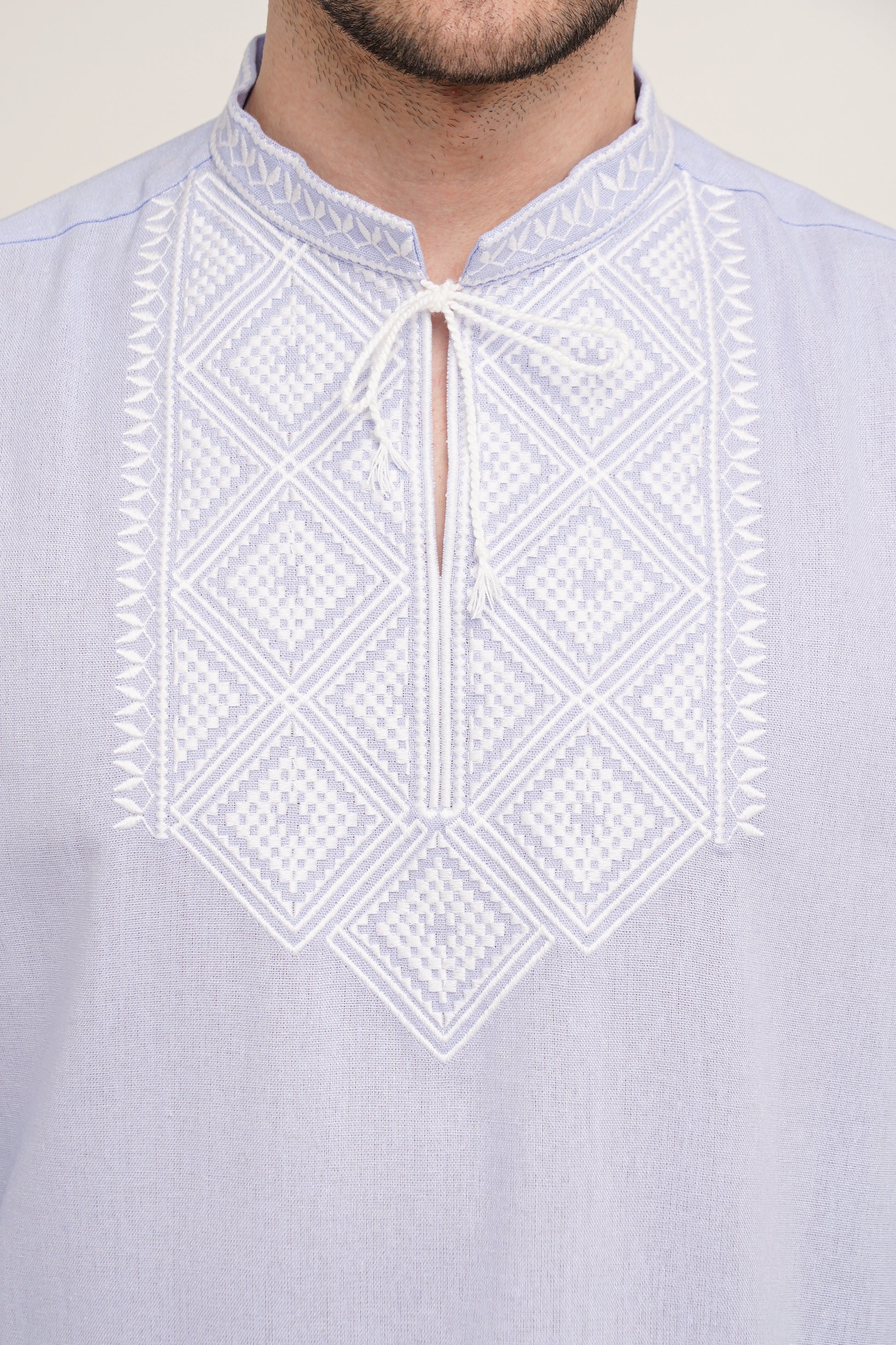 Men’s Embroidered Shirt – Blue Ukrainian Vyshyvanka with White Cross Stitch