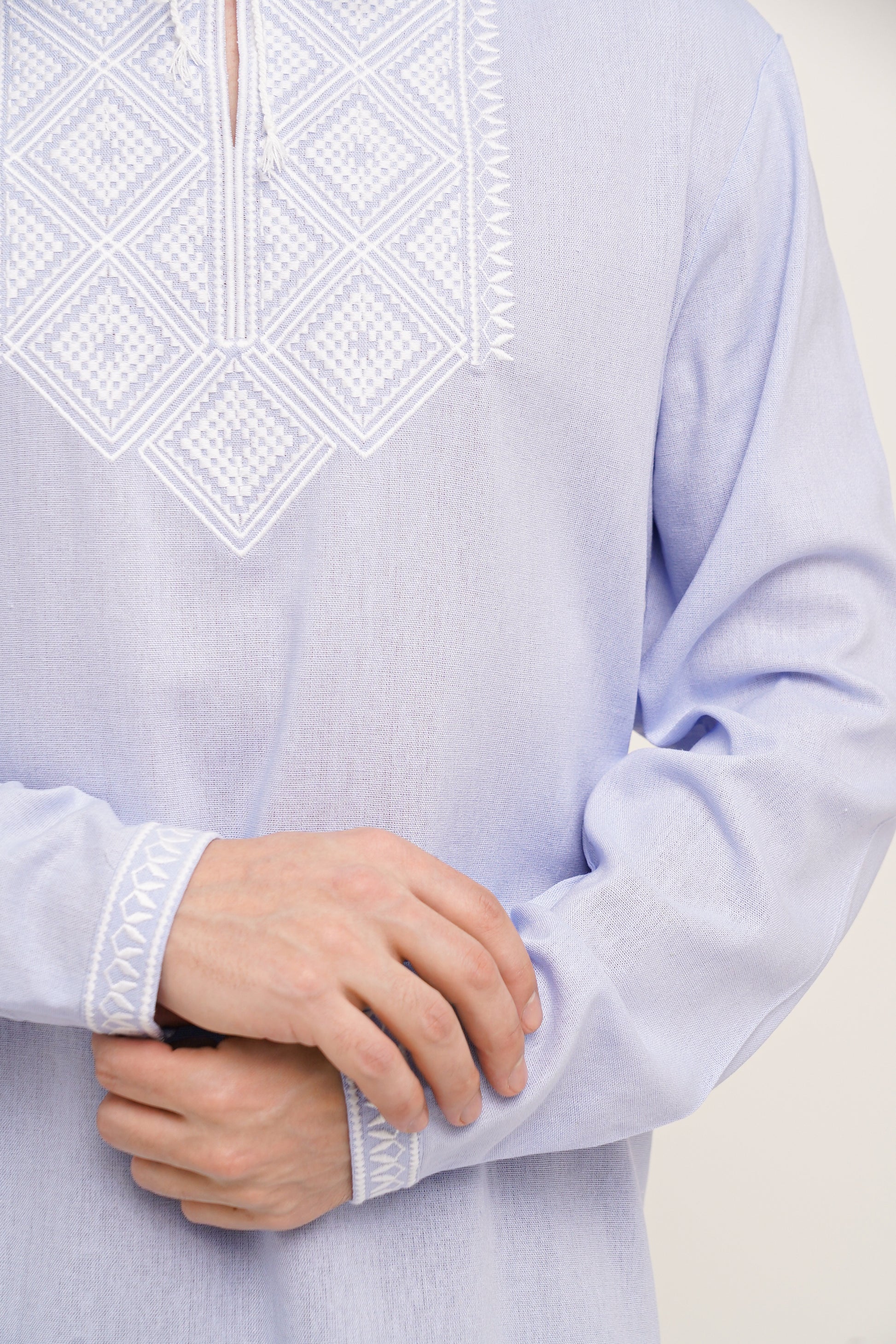 Men’s Embroidered Shirt – Blue Ukrainian Vyshyvanka with White Cross Stitch