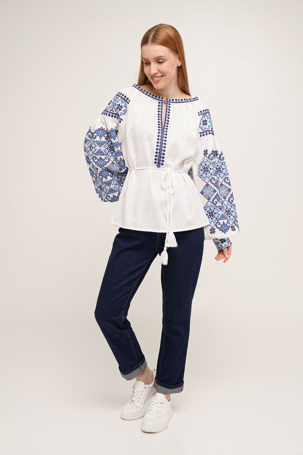 Women’s Embroidered Blouse – White Ukrainian Vyshyvanka with Blue Cross-Stitch