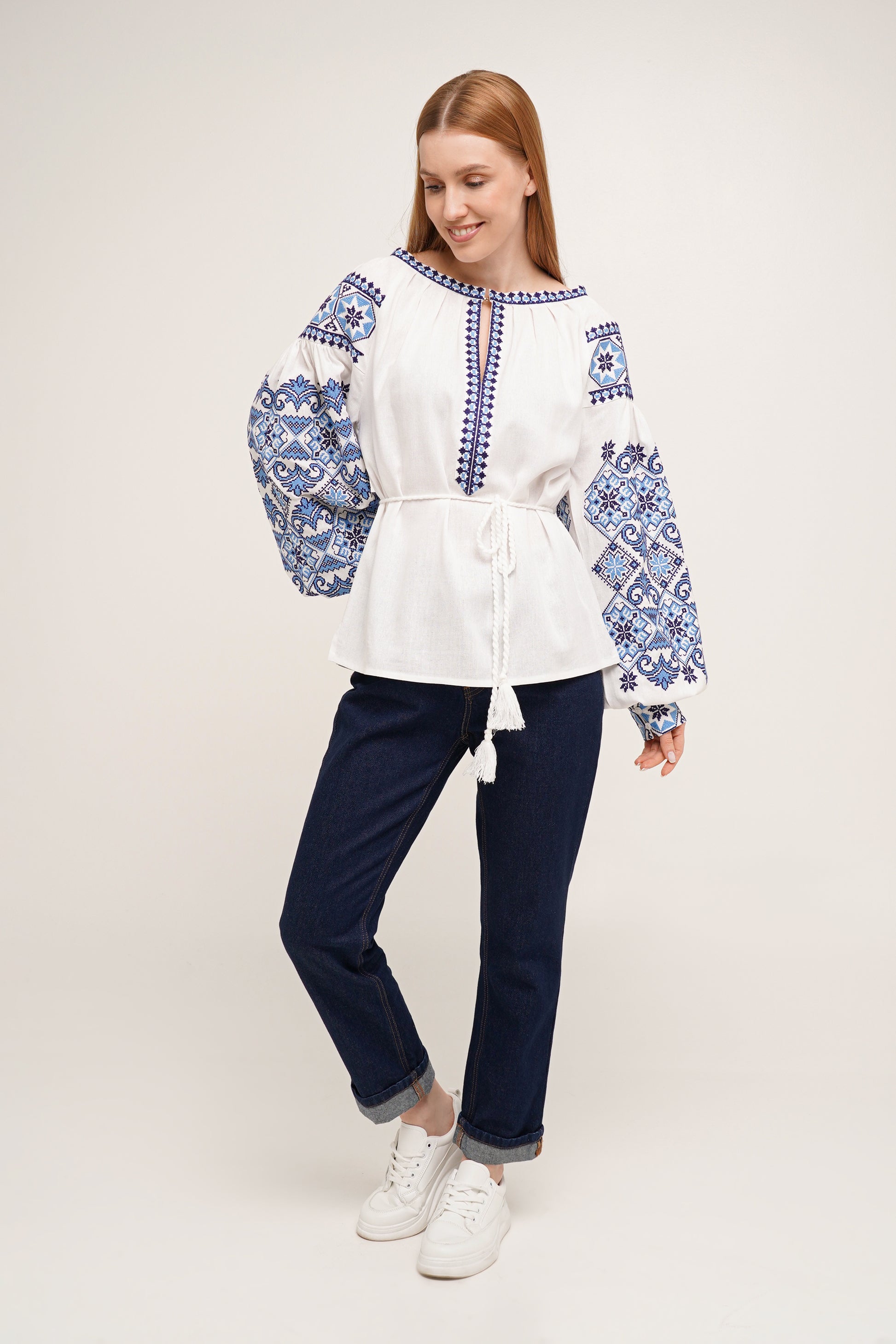 Women’s Embroidered Blouse – White Ukrainian Vyshyvanka with Blue Cross-Stitch