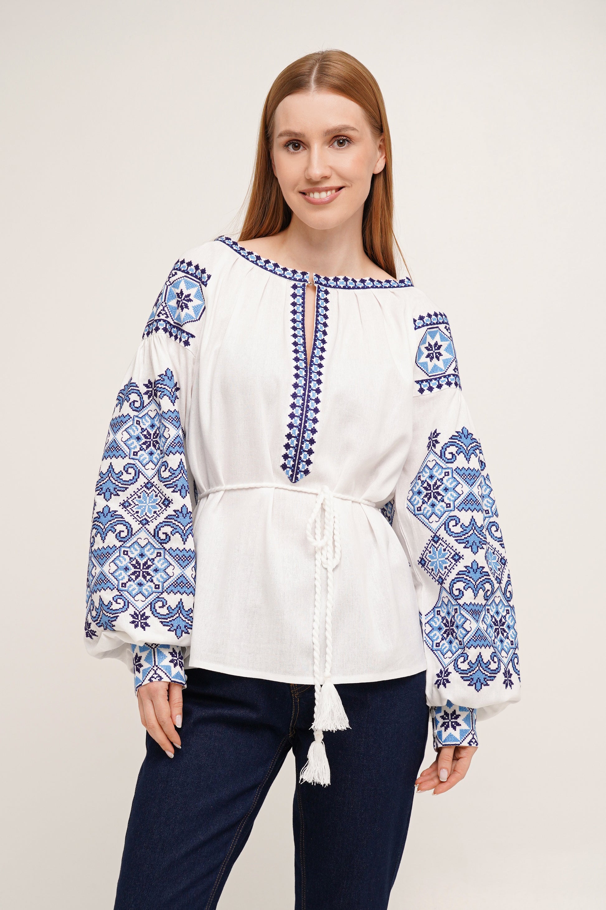 Women’s Embroidered Blouse – White Ukrainian Vyshyvanka with Blue Cross-Stitch