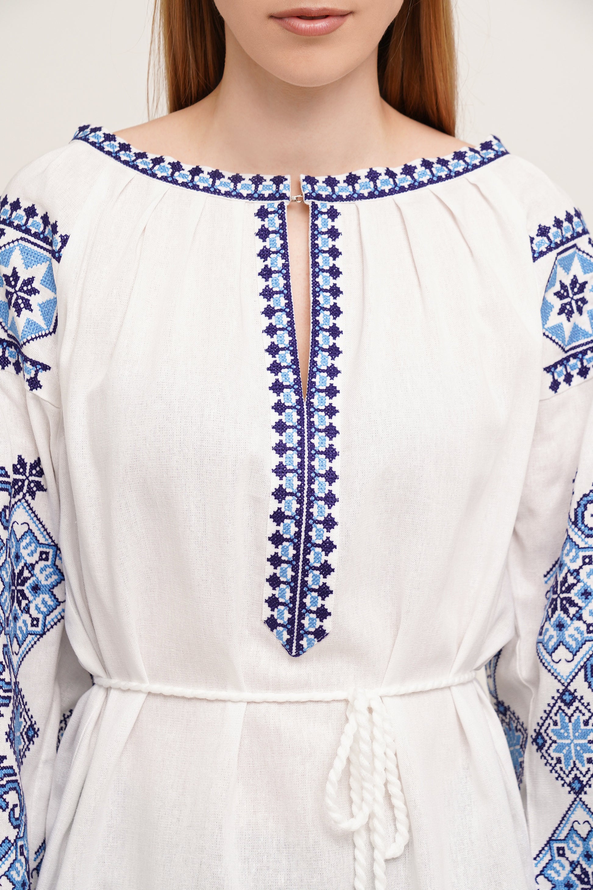 Women’s Embroidered Blouse – White Ukrainian Vyshyvanka with Blue Cross-Stitch