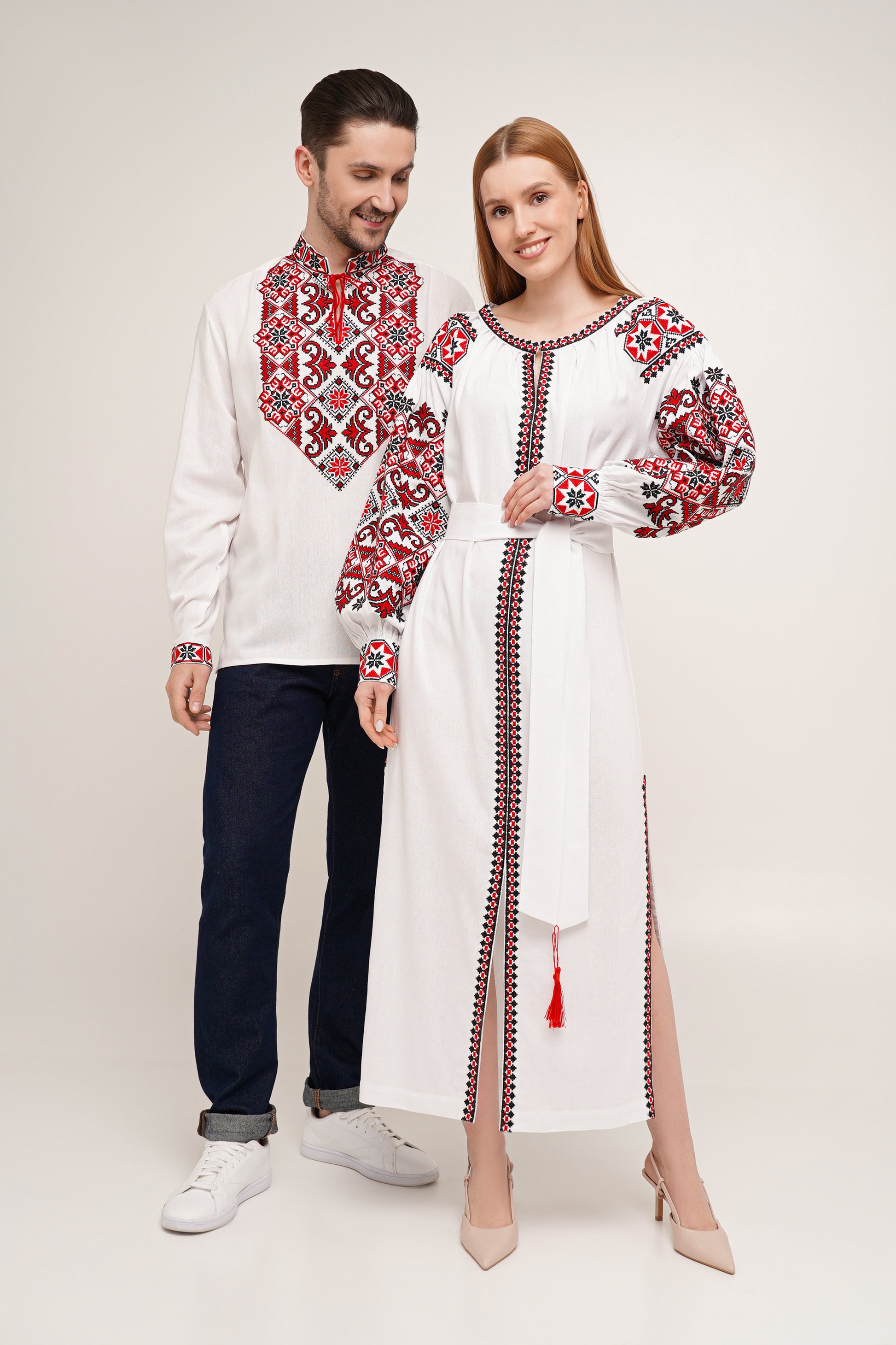 Women’s White Embroidered Dress with Red & Black Cross-Stitch Embroidery – Linen Blend