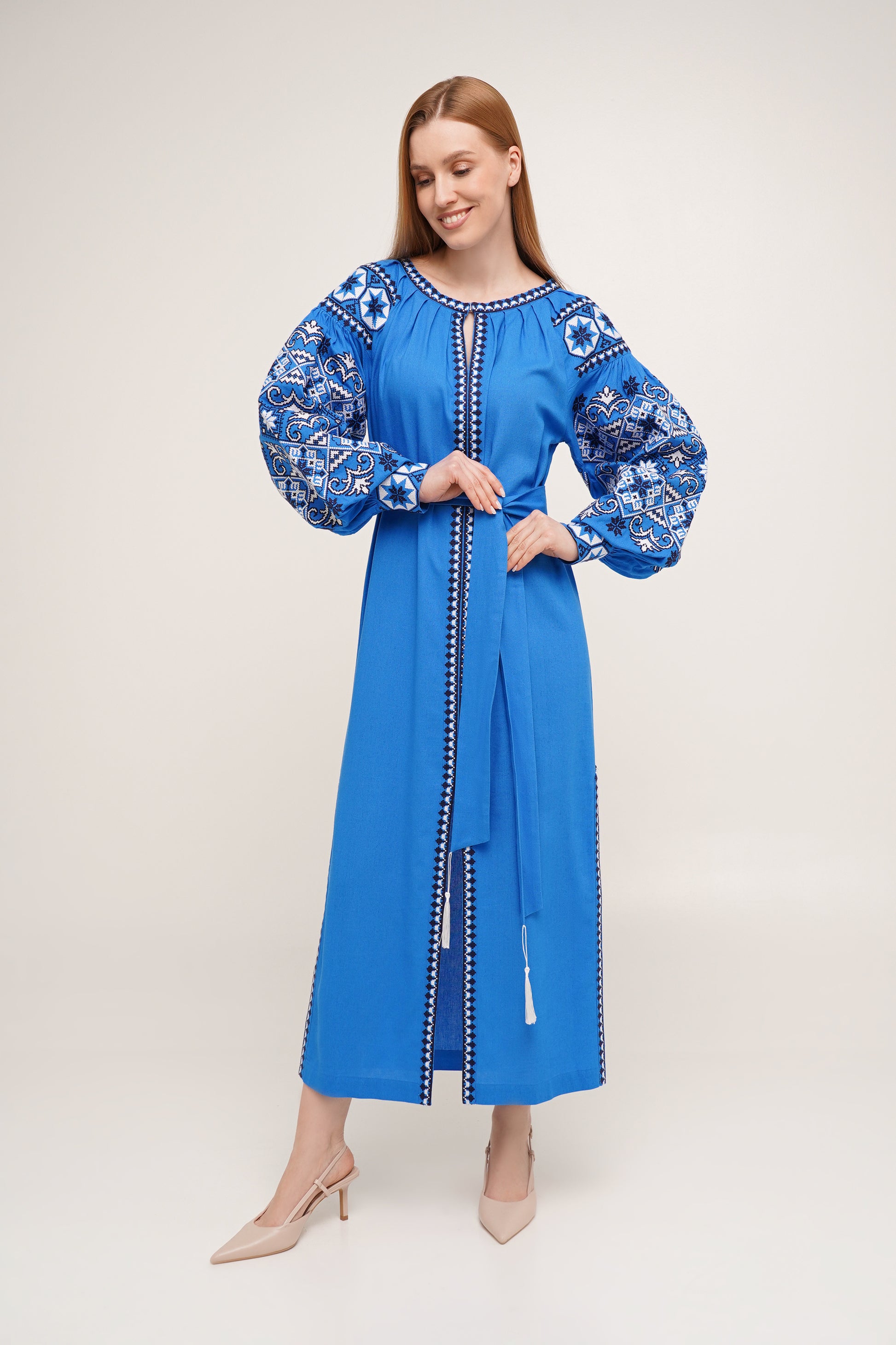 Women’s Bright Blue Embroidered Dress with White & Navy Cross-Stitch – Linen Blend