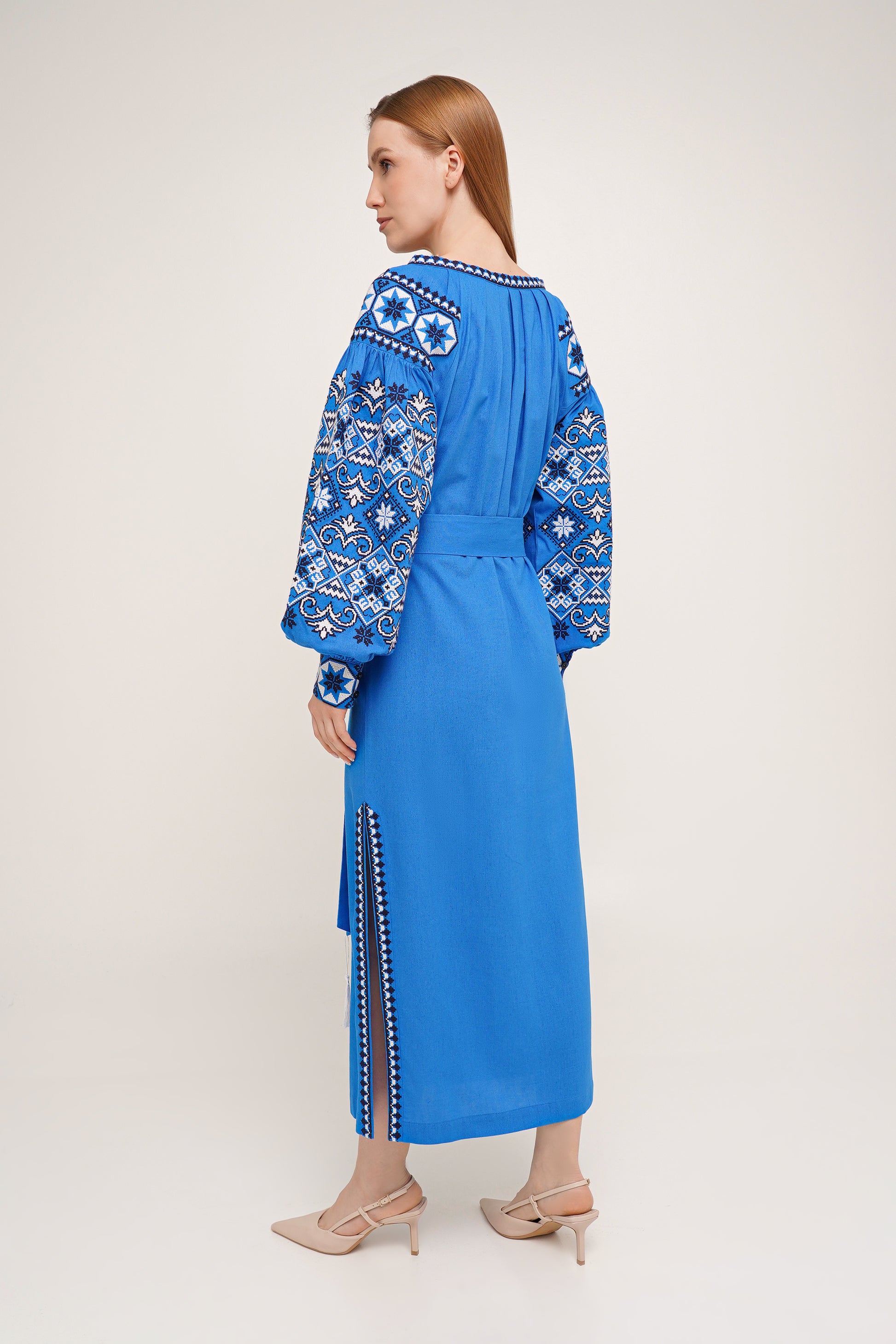 Women’s Bright Blue Embroidered Dress with White & Navy Cross-Stitch – Linen Blend
