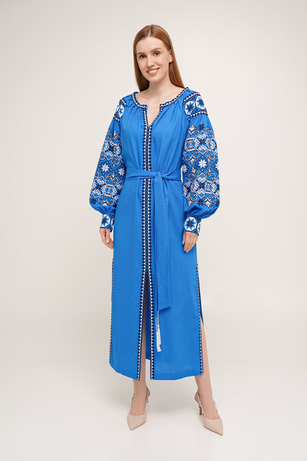 Women’s Bright Blue Embroidered Dress with White & Navy Cross-Stitch – Linen Blend