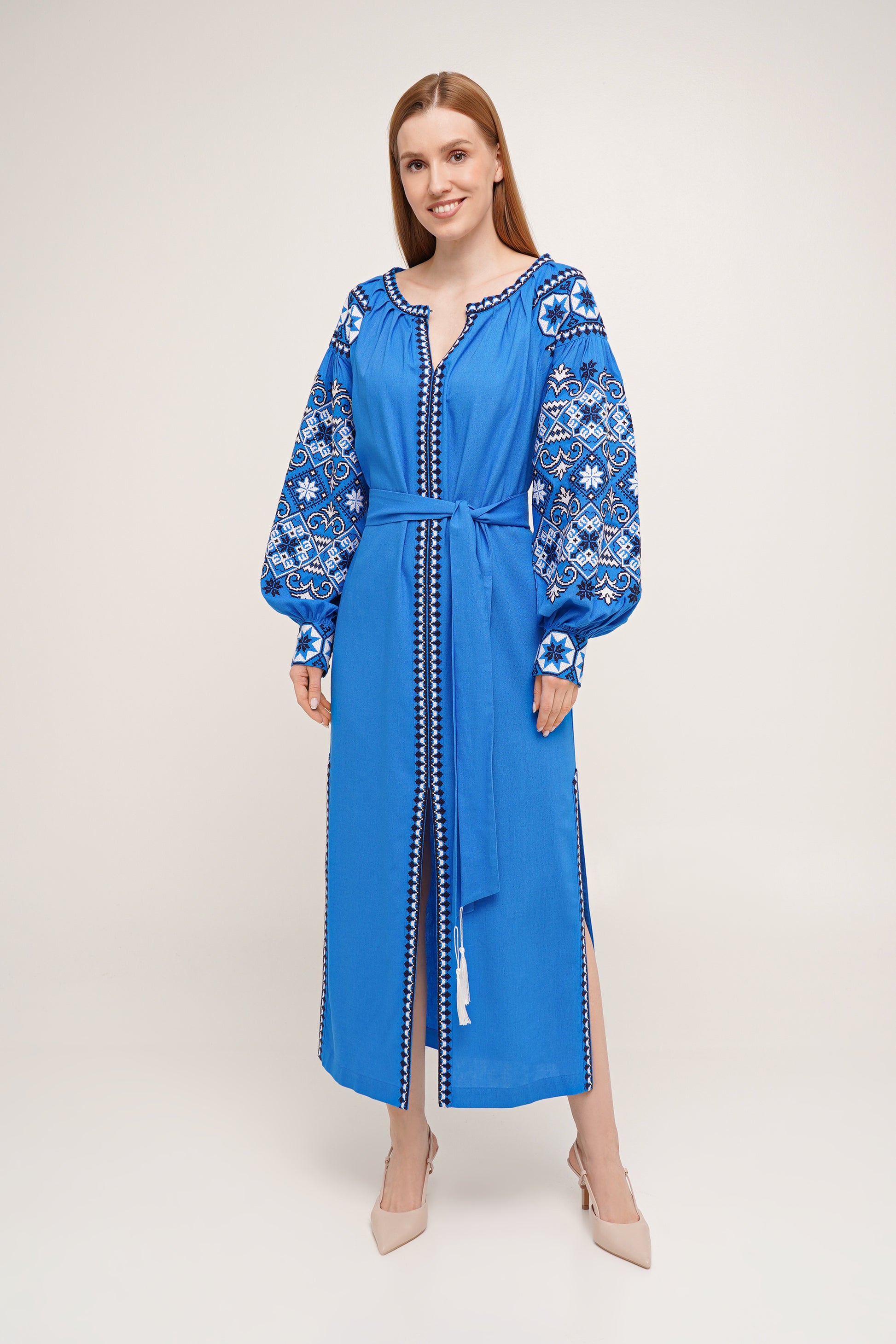 Women’s Bright Blue Embroidered Dress with White & Navy Cross-Stitch – Linen Blend