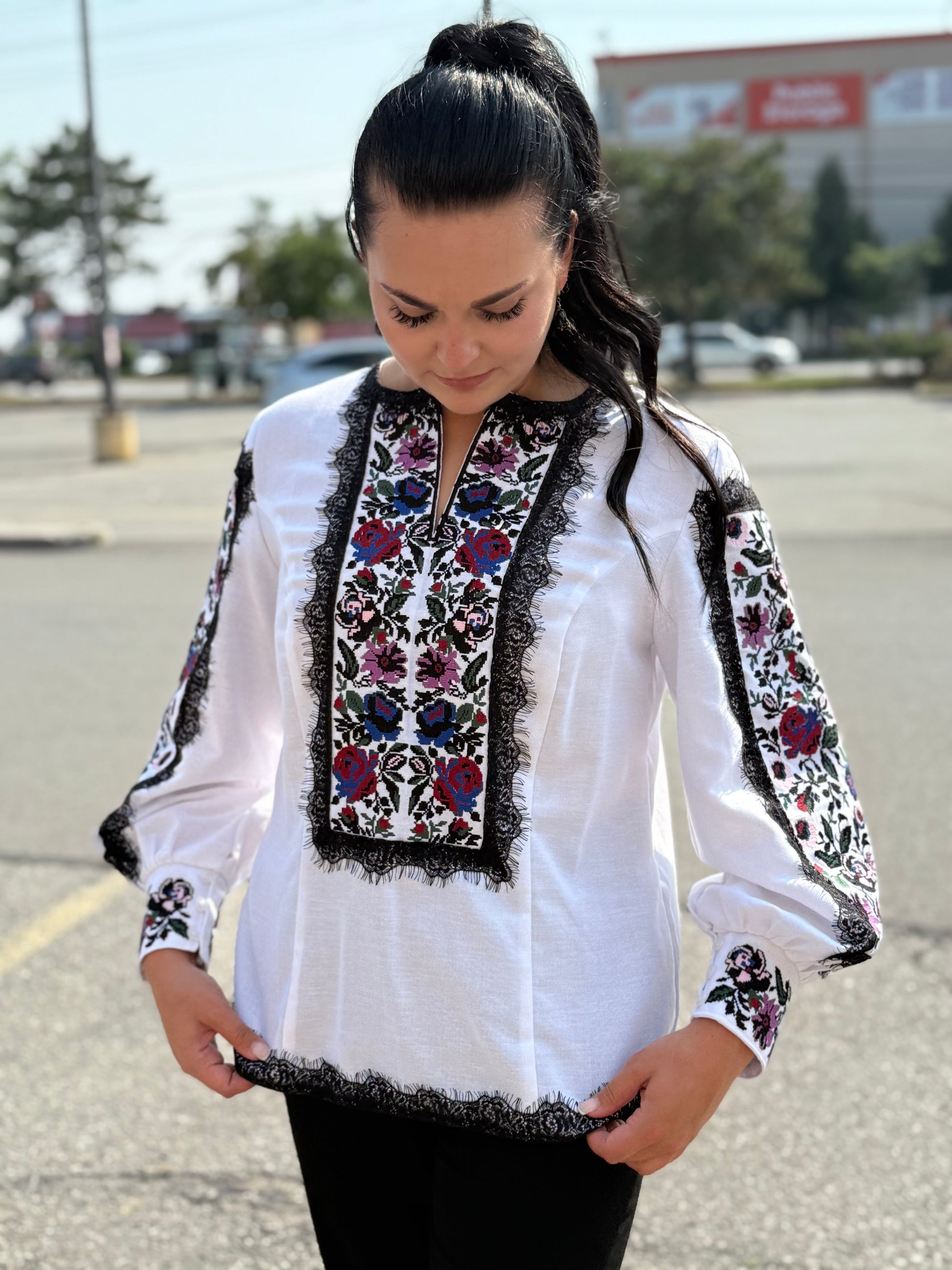Women’s Embroidered Shirt "Kucheriava" – White Ukrainian Vyshyvanka with Floral Motifs
