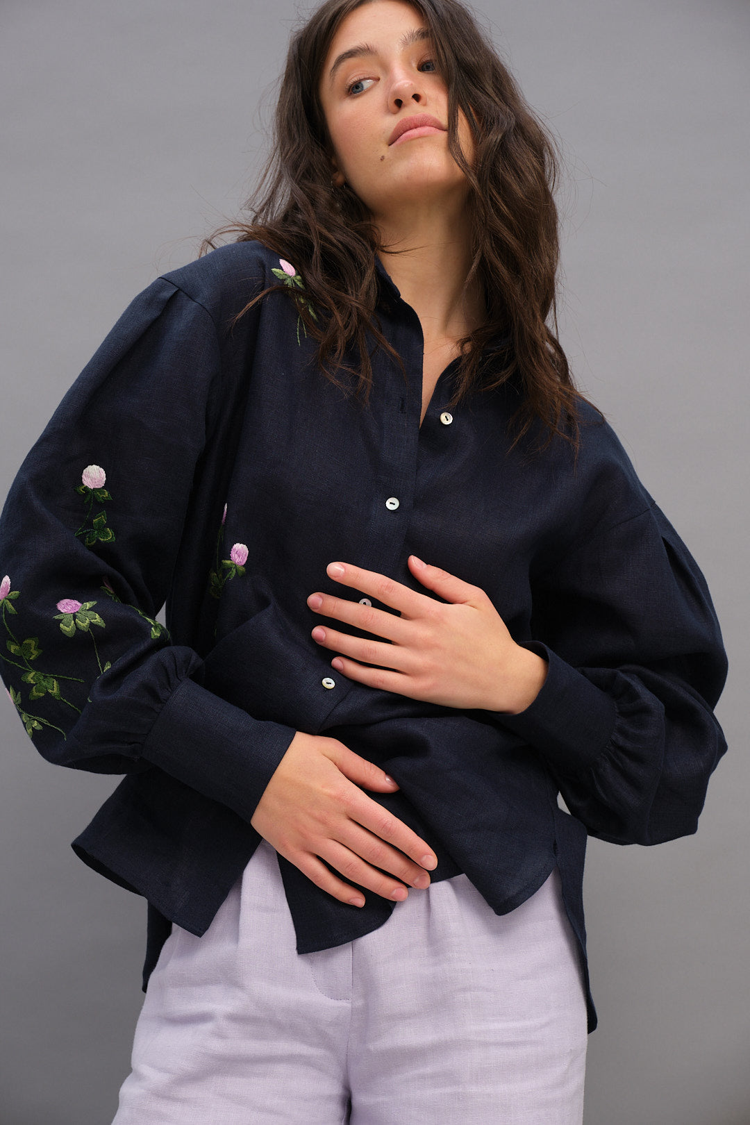 Dark Blue Linen Shirt with Puffy Sleeves and Hand-Embroidered Clover
