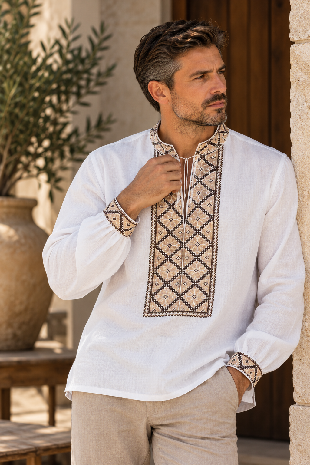 Men's White Ukrainian Vyshyvanka with Brown & Beige Geometric Embroidery