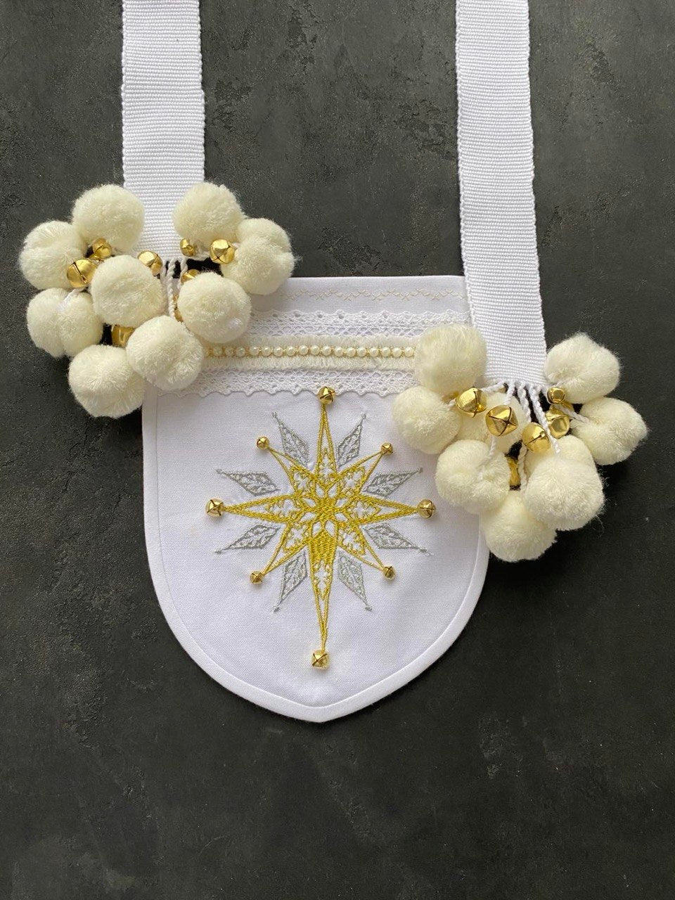 Ukrainian Christmas Caroling Bag with Embroidered Star – White