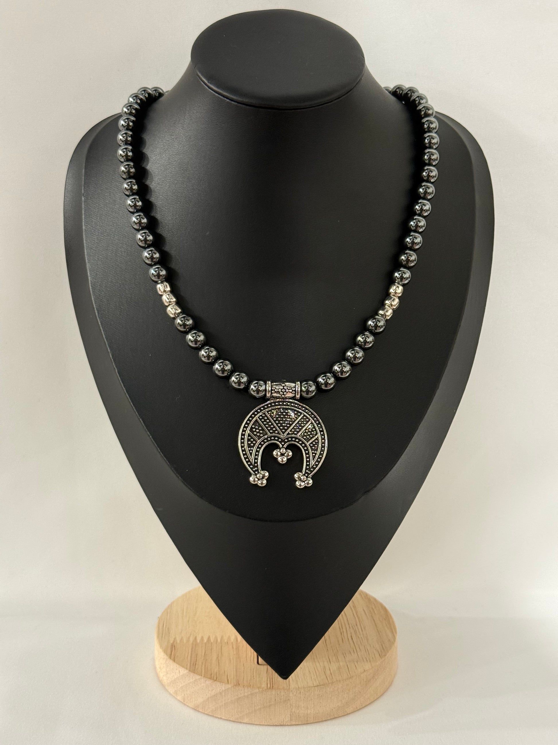 Single-Strand Gray Hematite Bead Necklace with Lunula Pendant