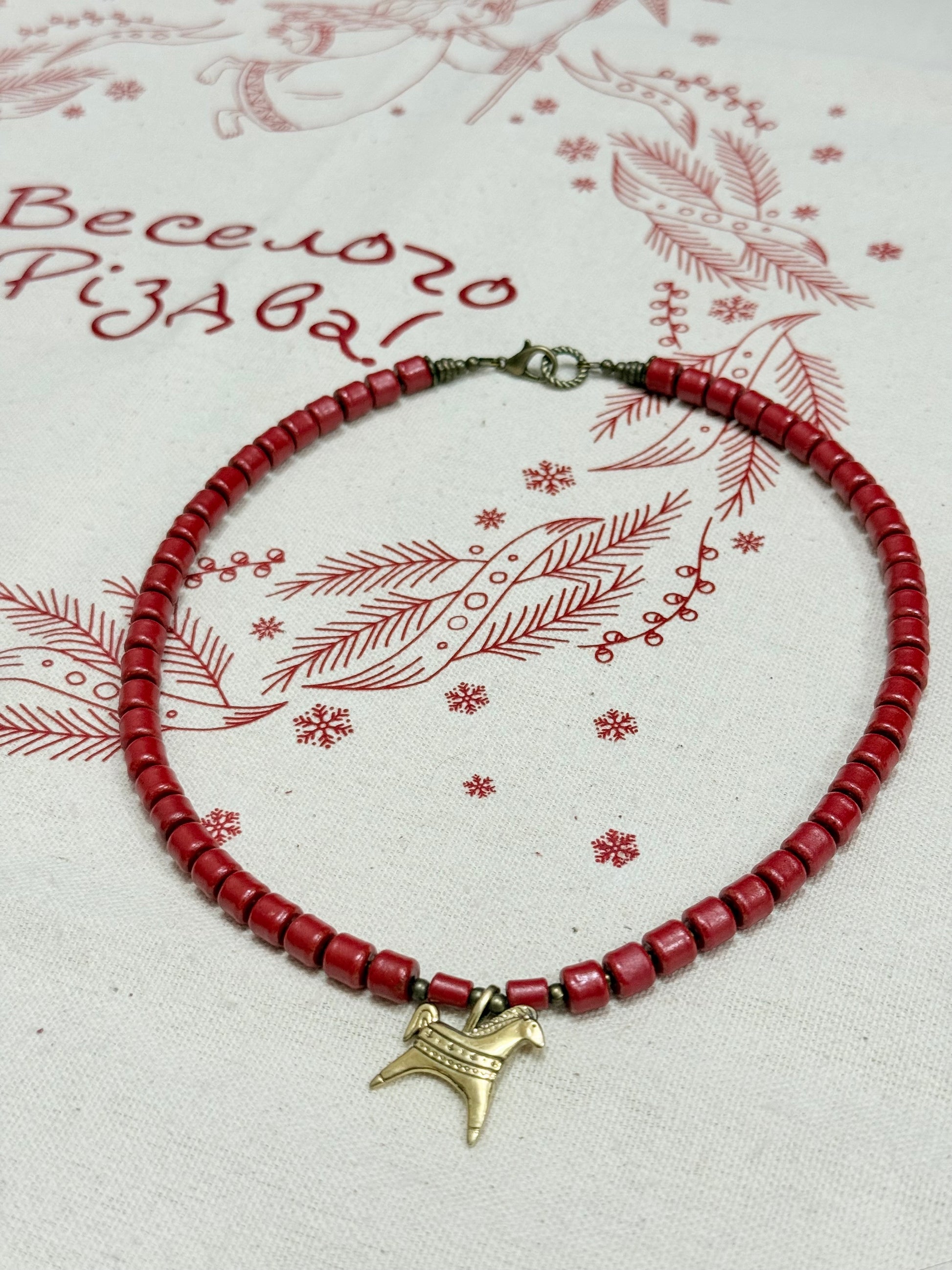Kosiv Ceramic Necklace with Brass Horse Pendant – Handmade Ukrainian Jewelry