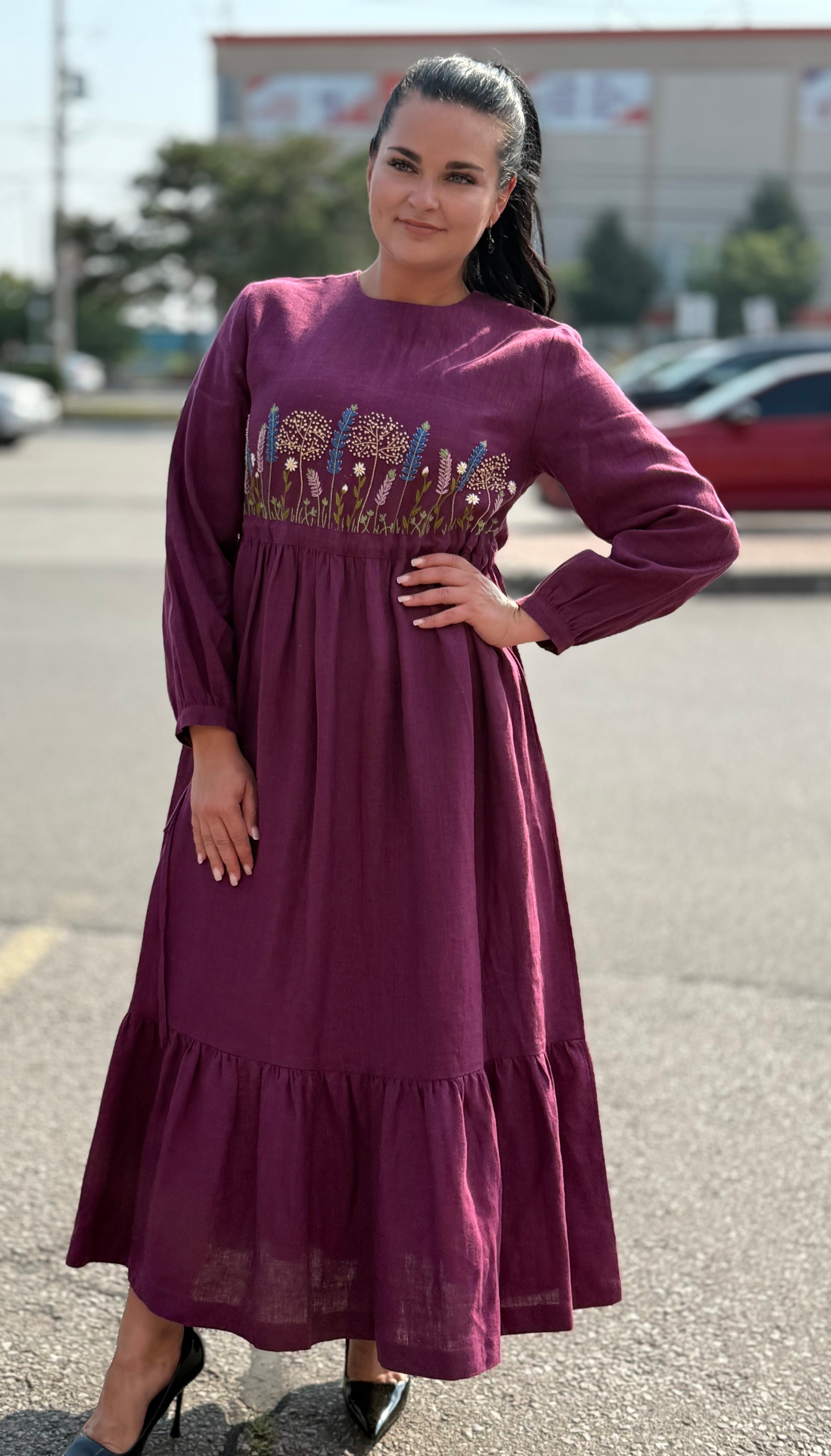 Linen Maxi Dress with Hand Embroidery of Wildflowers