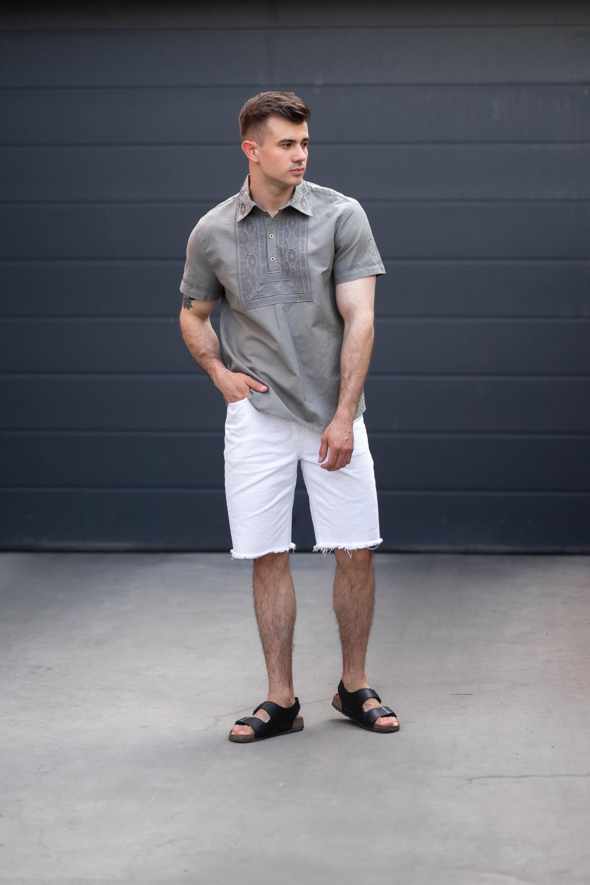 Men’s Khaki Cotton Embroidered Shirt (Short Sleeve)