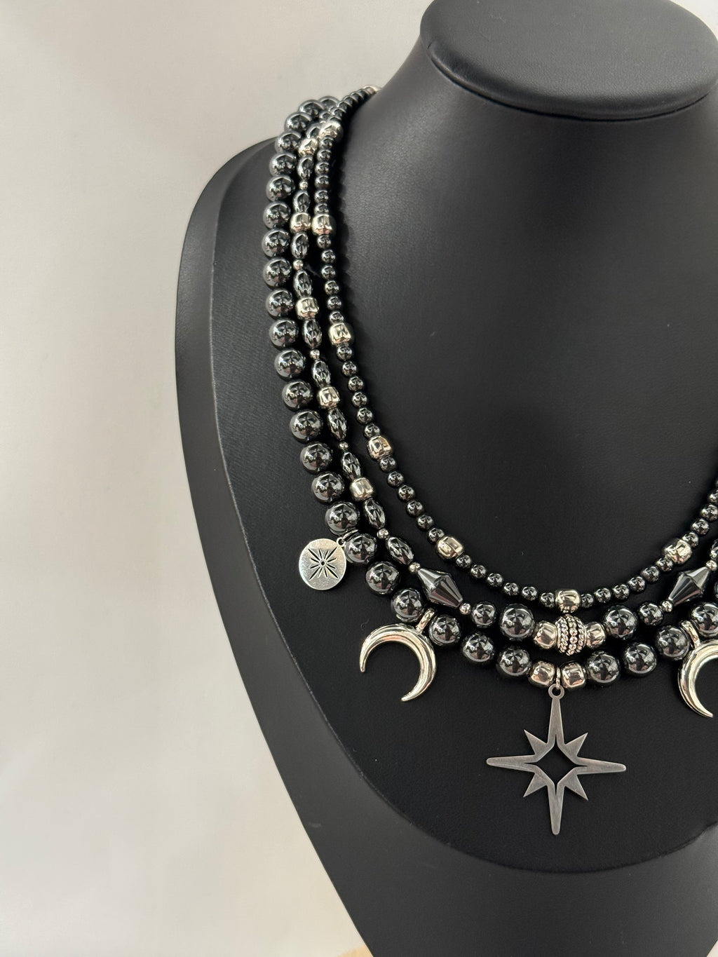 Triple-Strand Necklace with Metal Beads and “Starry Night” Pendants with Earrings | Three Strands