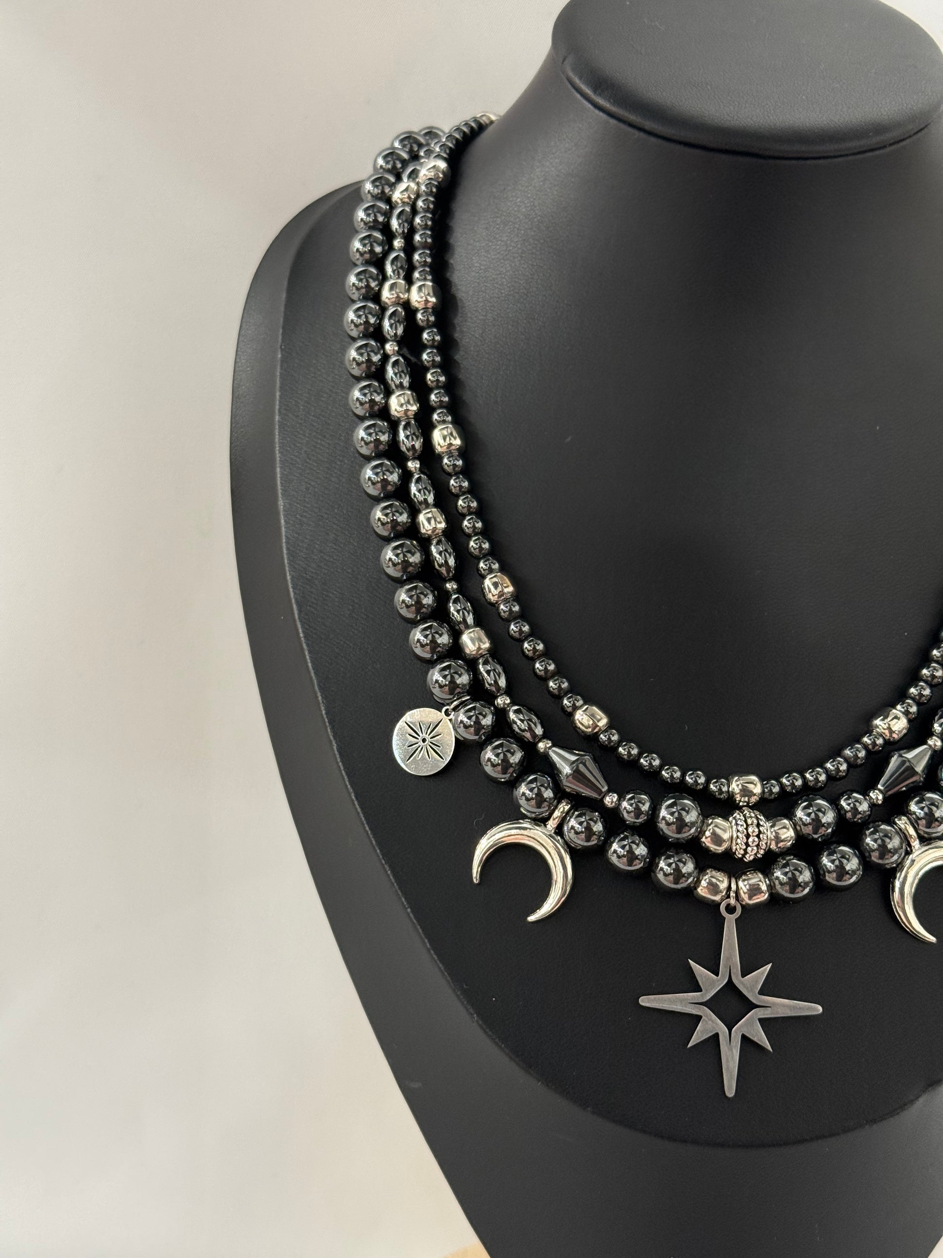Triple-Strand Necklace with Metal Beads and “Starry Night” Pendants with Earrings | Three Strands