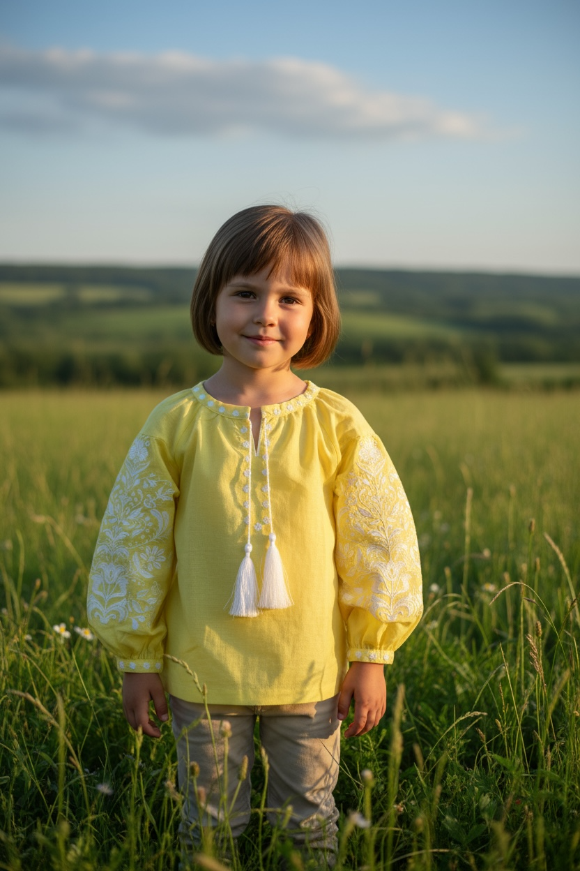 Girls Yellow Lemon Linen Vyshyvanka Long Sleeve In Ukrainian Traditions