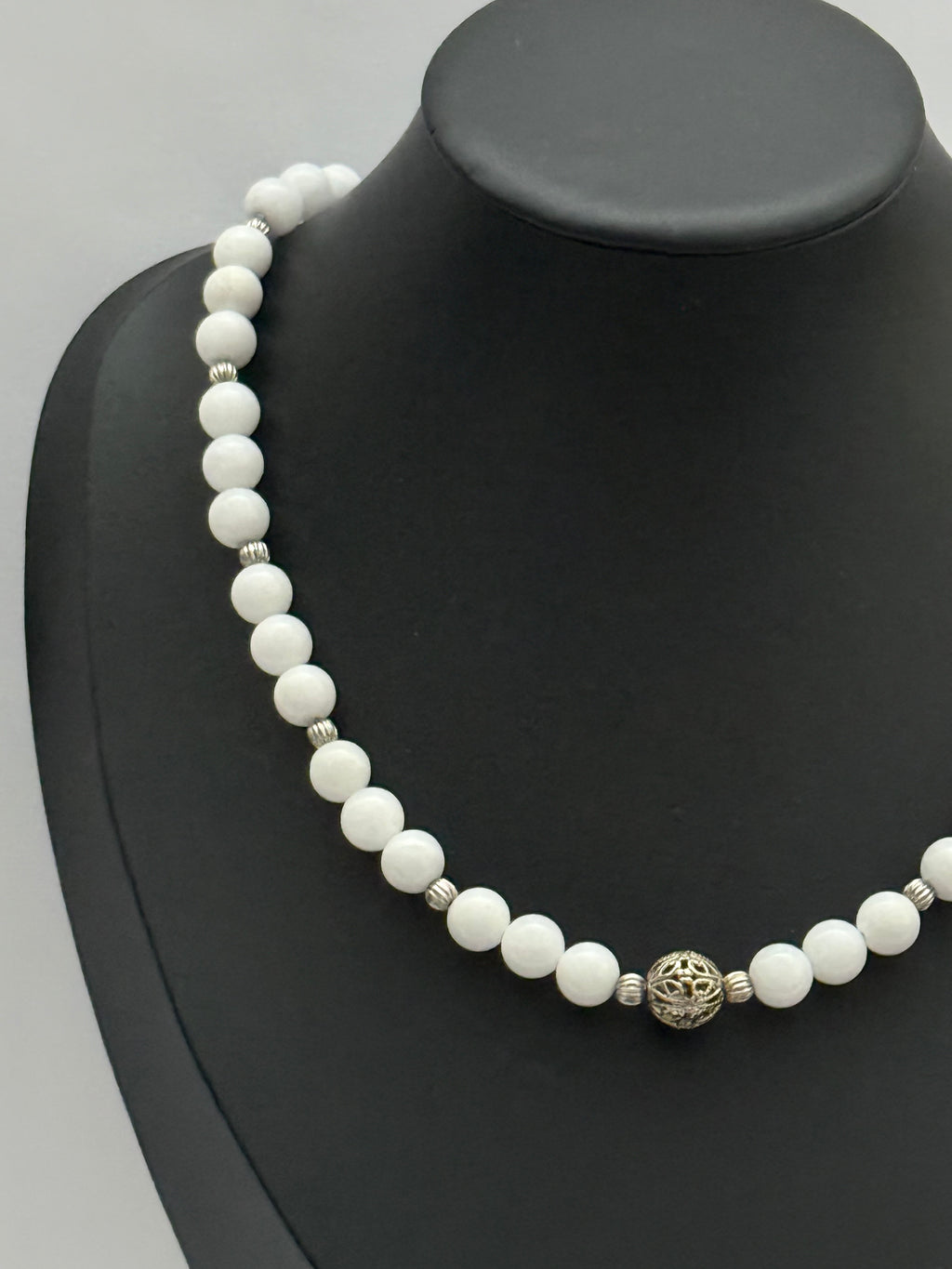 White Quartz Necklace with Metal Center Bead | Single Strand