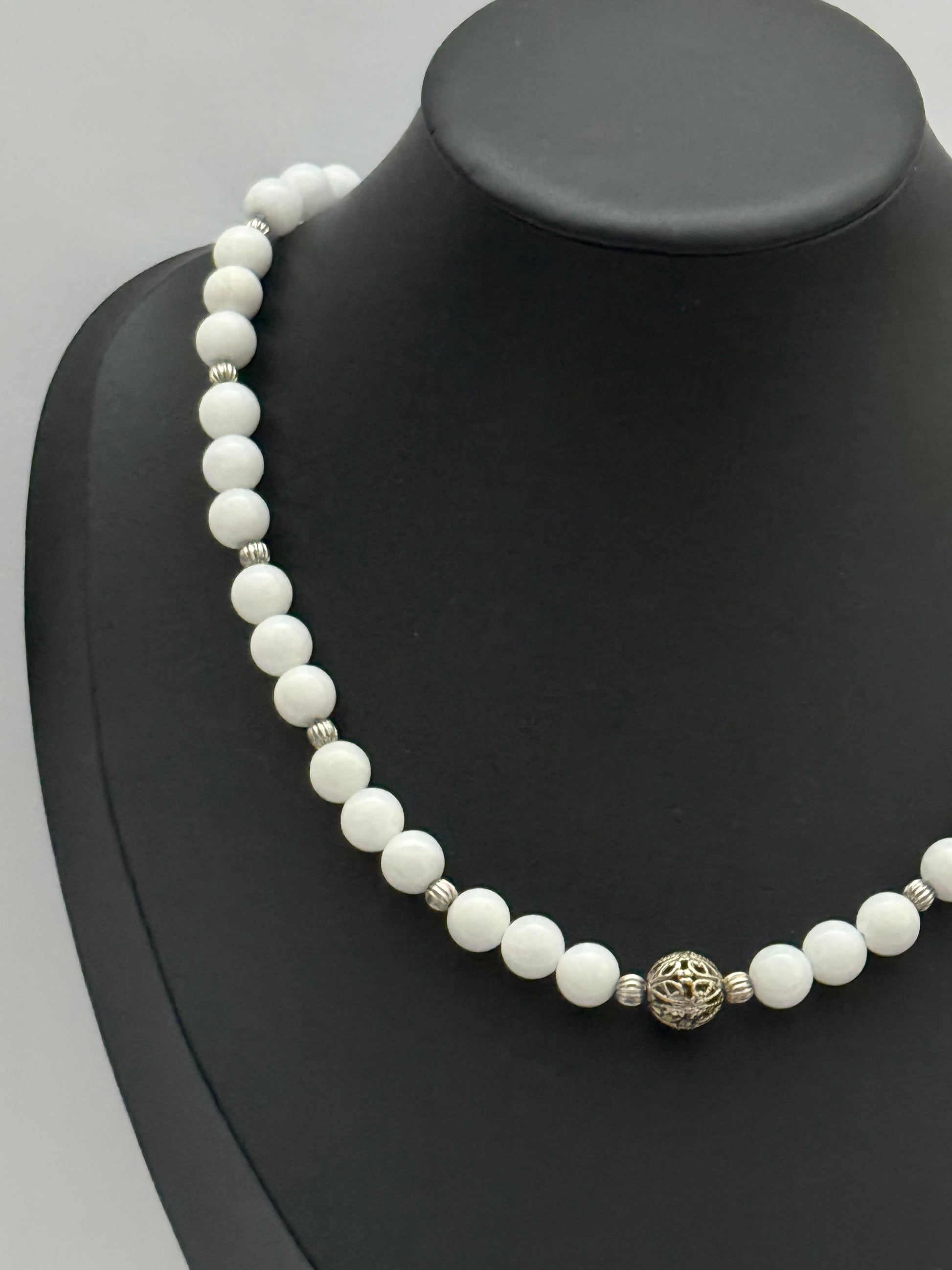 White Quartz Necklace with Metal Center Bead | Single Strand