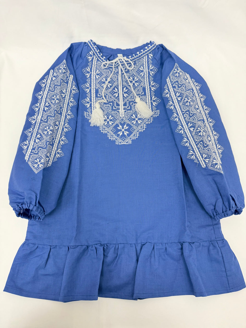 Girls Blue Linen Vyshyvanka Dress Long Sleeve In Ukrainian Traditions