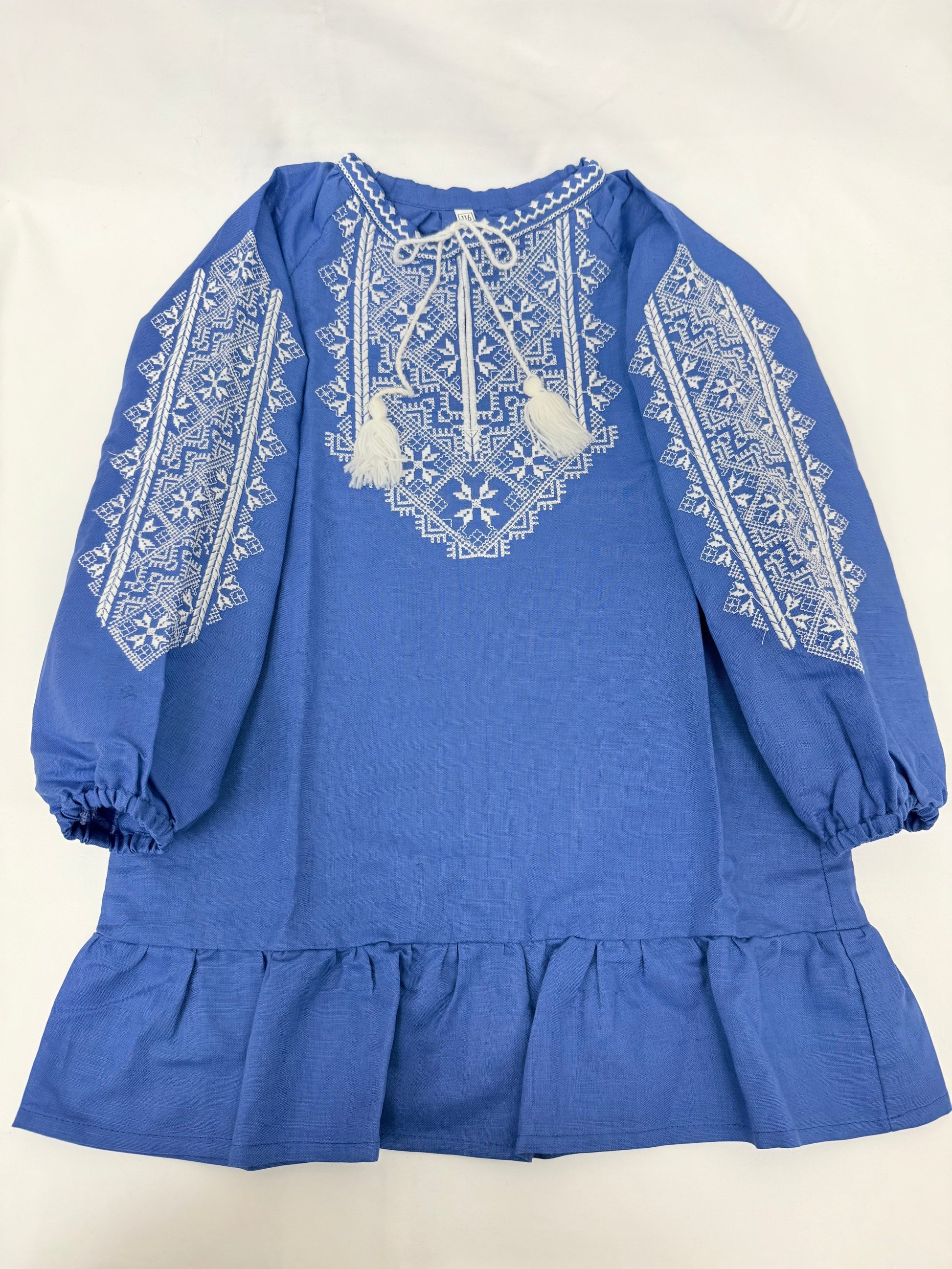 Girls Blue Linen Vyshyvanka Dress Long Sleeve In Ukrainian Traditions