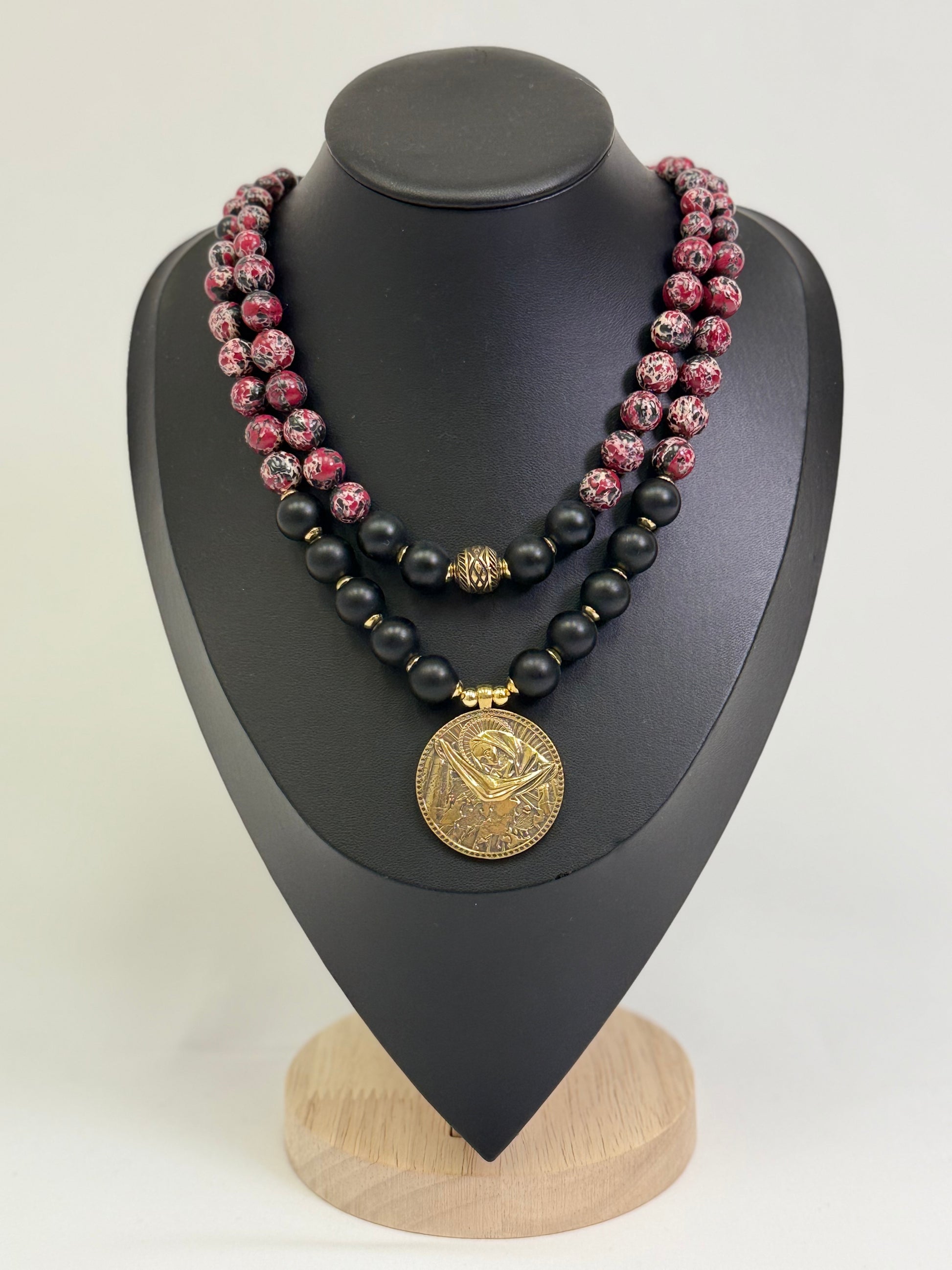 Natural Burgundy-Black Stone Necklace with a Brass Pendant of the "Pokrovy Bohorodytsy"