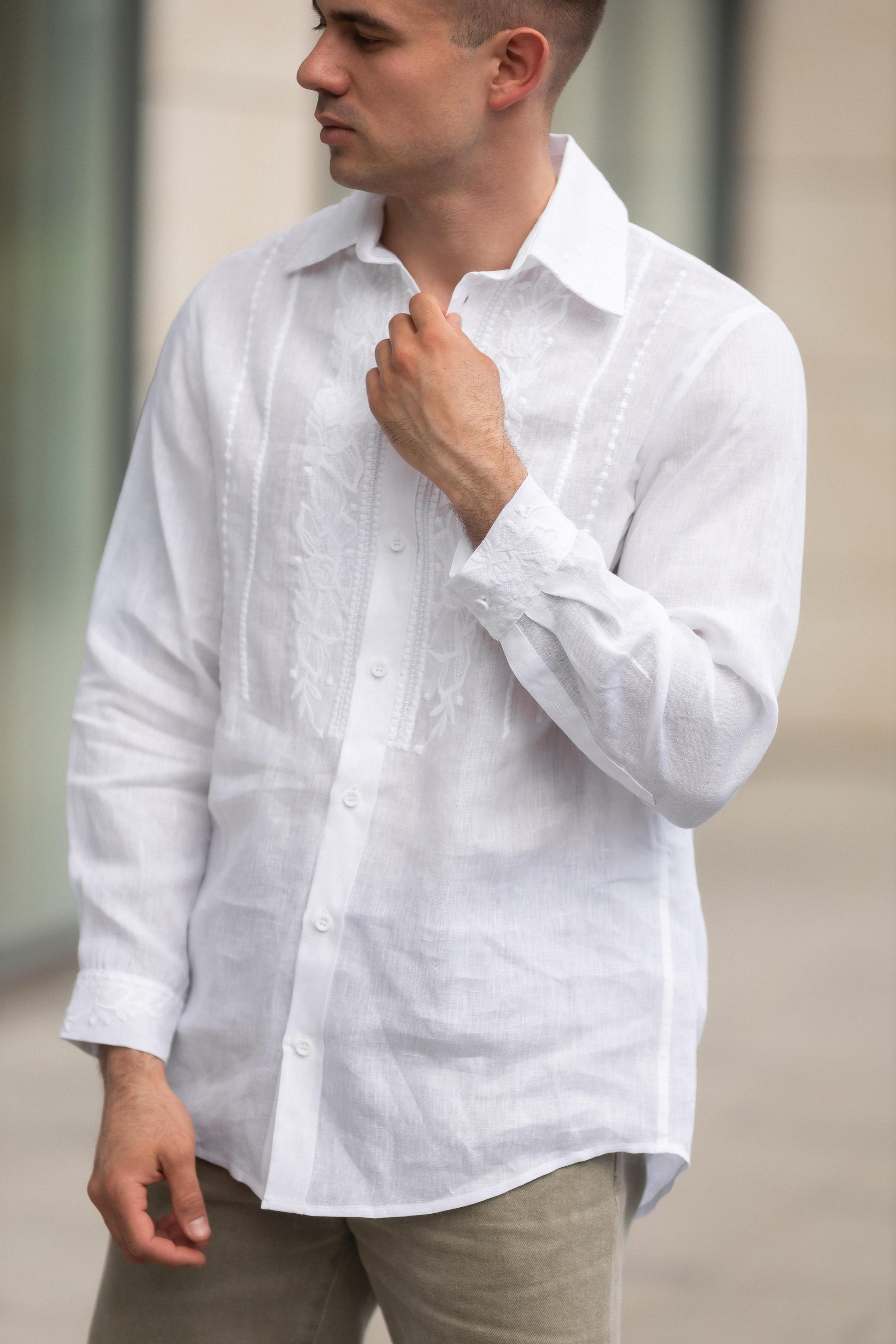 Men’s White Linen Embroidered Shirt (White-on-White)