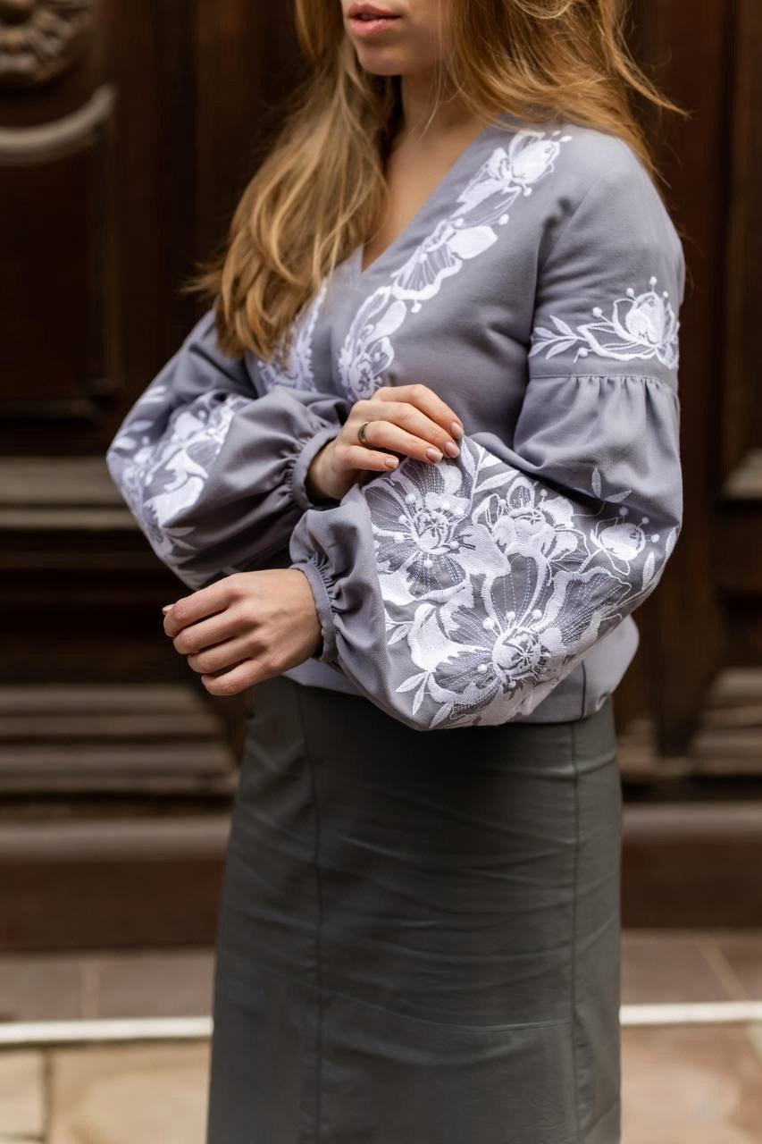 Women's Grey Embroidered Blouse with White Floral Embroidery