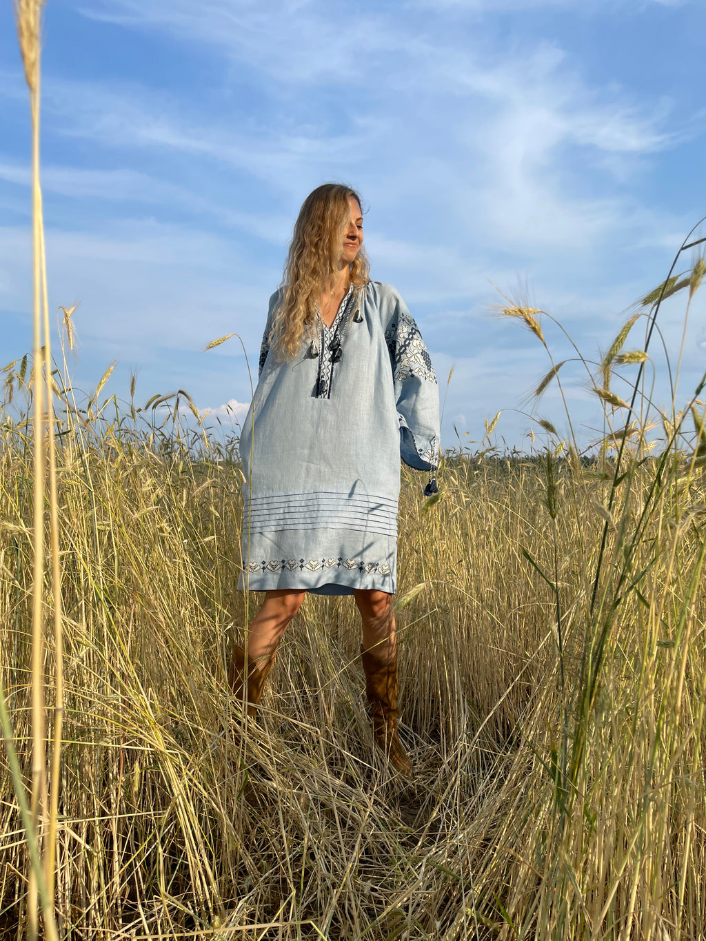 Blue Hand-Embroidered Linen Dress