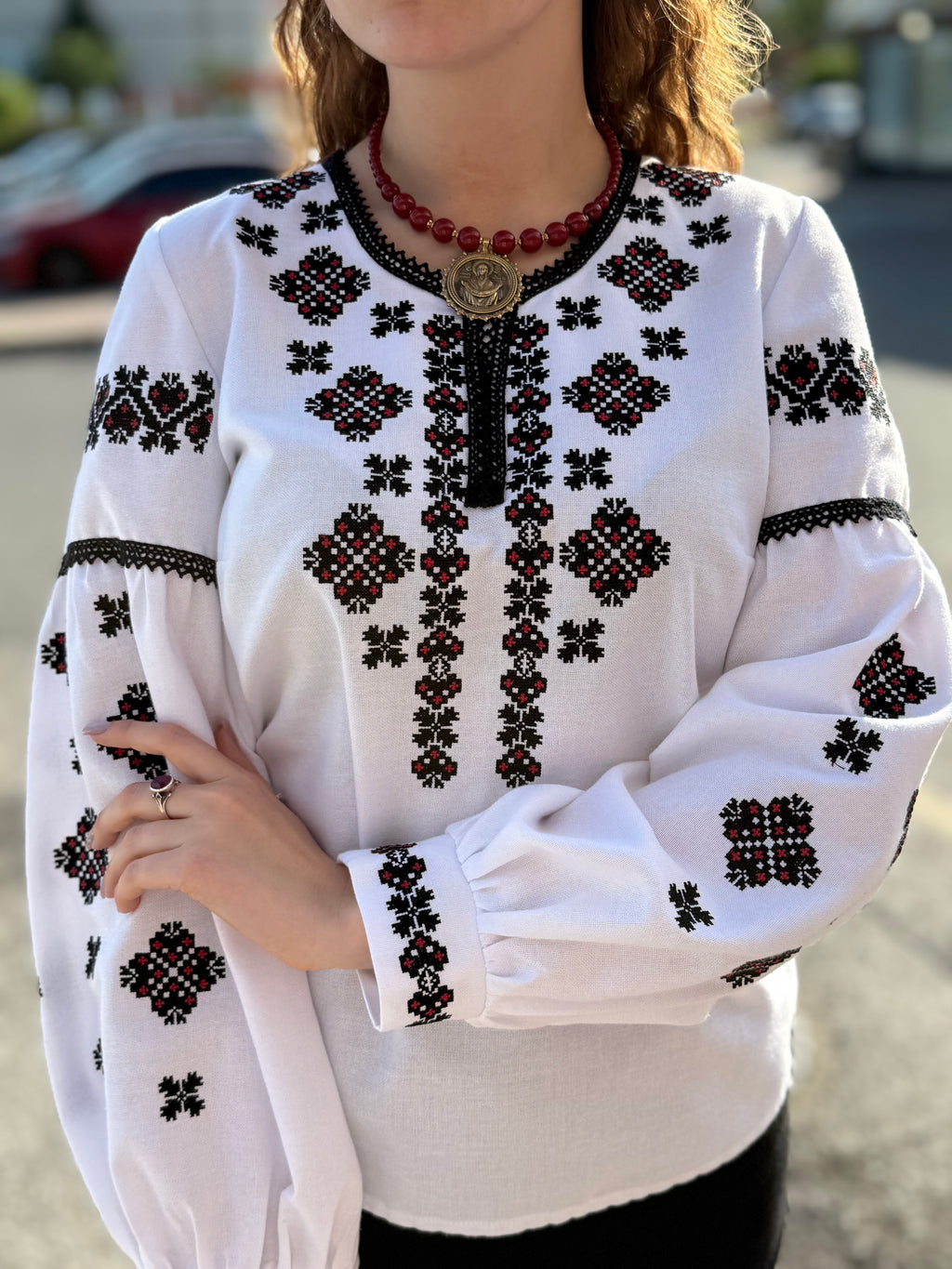 Women’s Embroidered Shirt "Heart" – White Ukrainian Vyshyvanka with Red and Black Embroidery