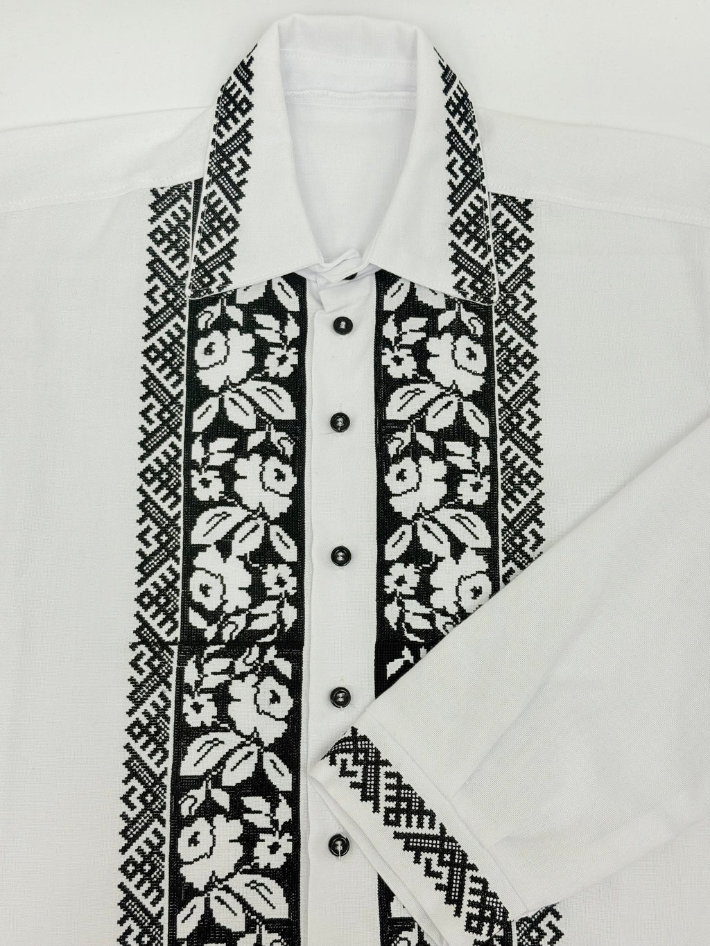 Men’s Embroidered Shirt "Transparent Flowers" – White Ukrainian Vyshyvanka with Black Embroidery
