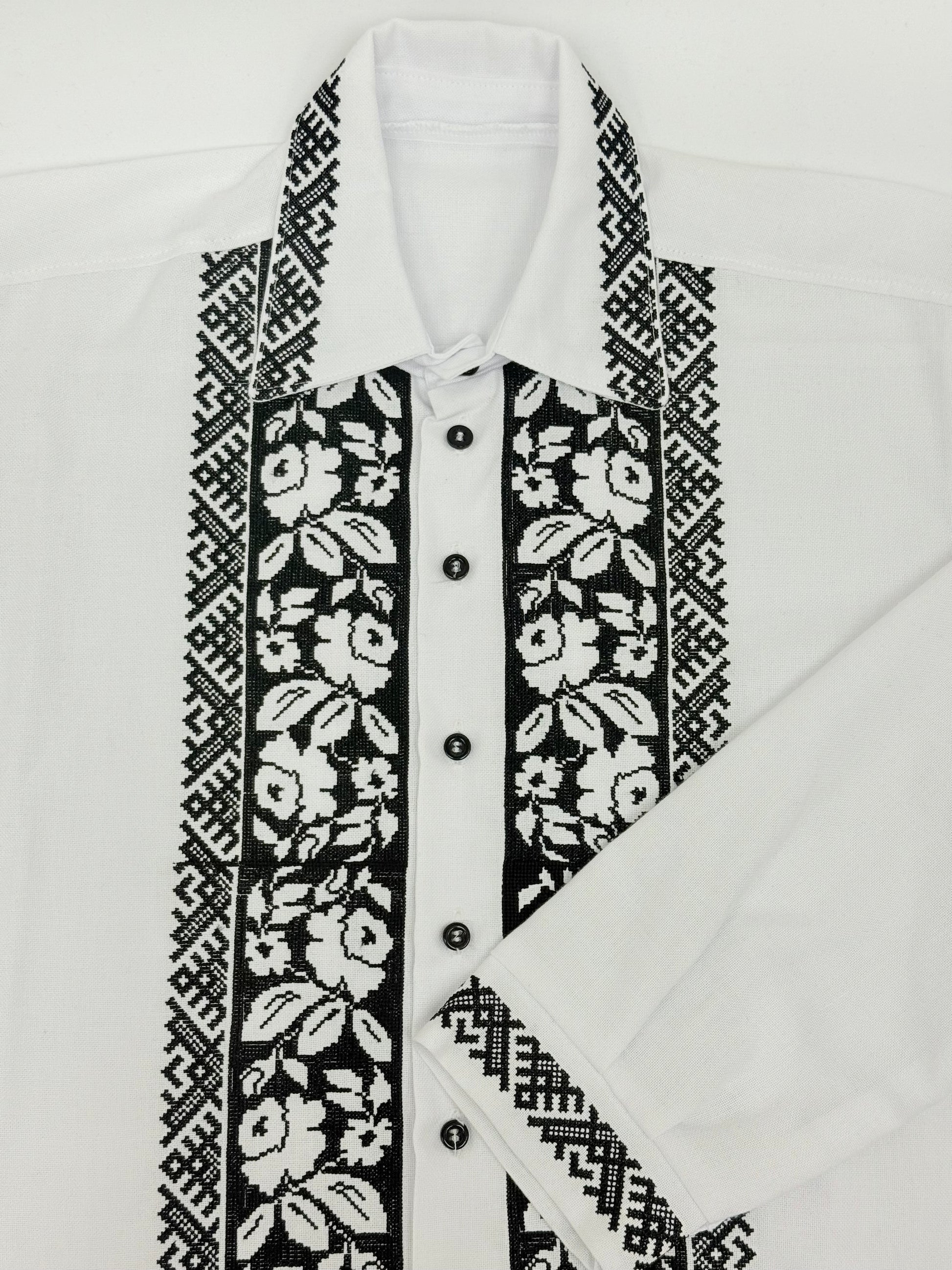 Men’s Embroidered Shirt "Transparent Flowers" – White Ukrainian Vyshyvanka with Black Embroidery