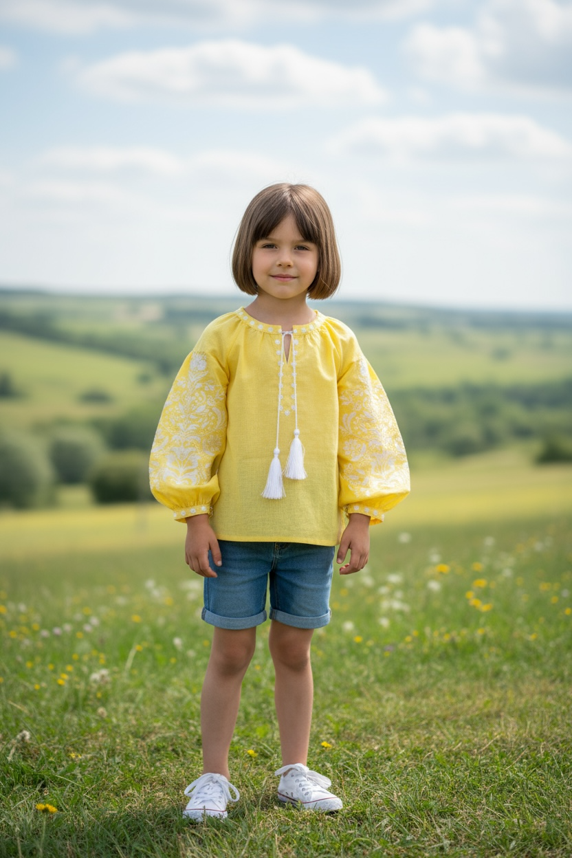 Girls Yellow Lemon Linen Vyshyvanka Long Sleeve In Ukrainian Traditions