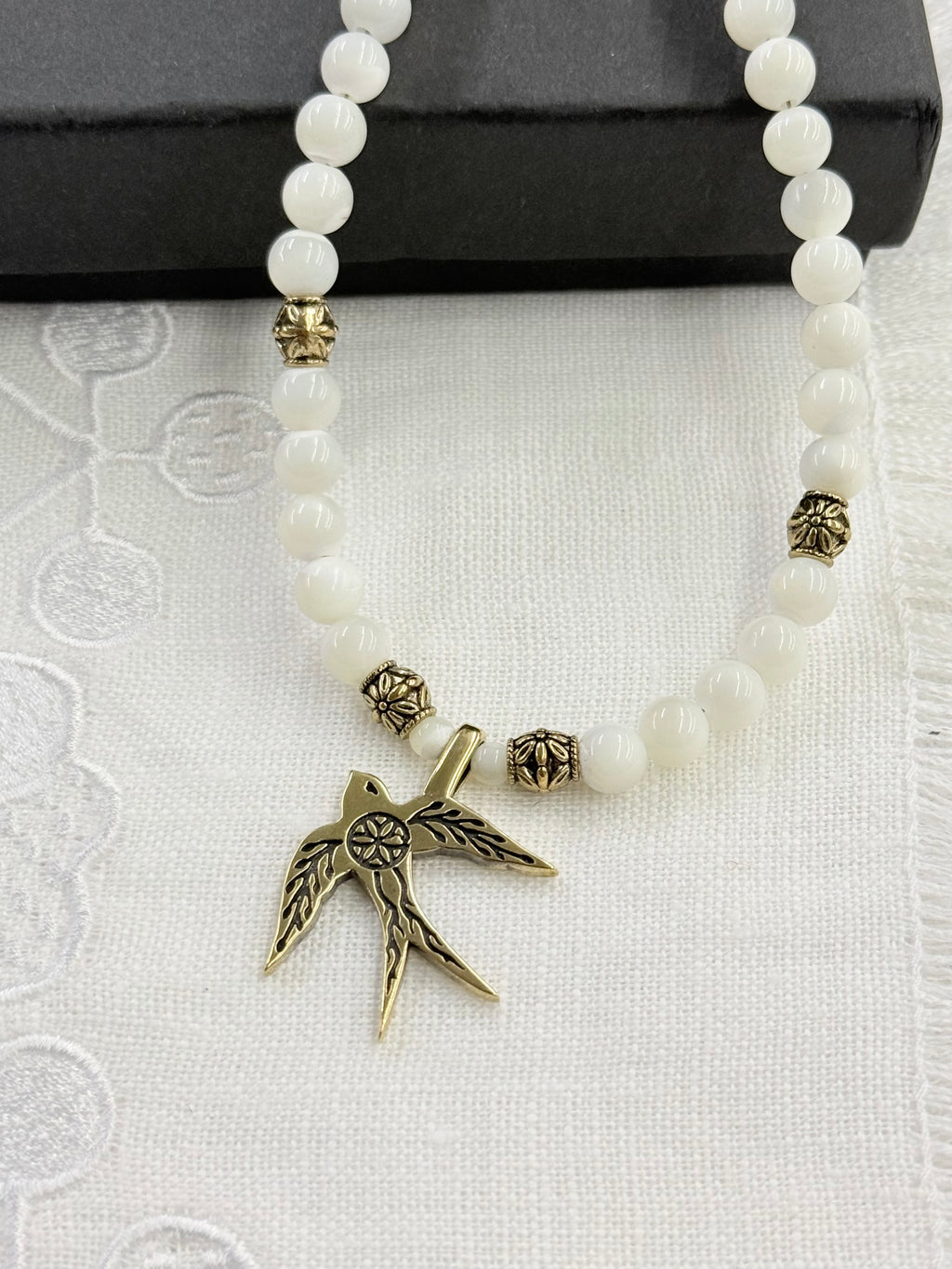Mother of Pearl Necklace with “Swallow” Brass Pendant