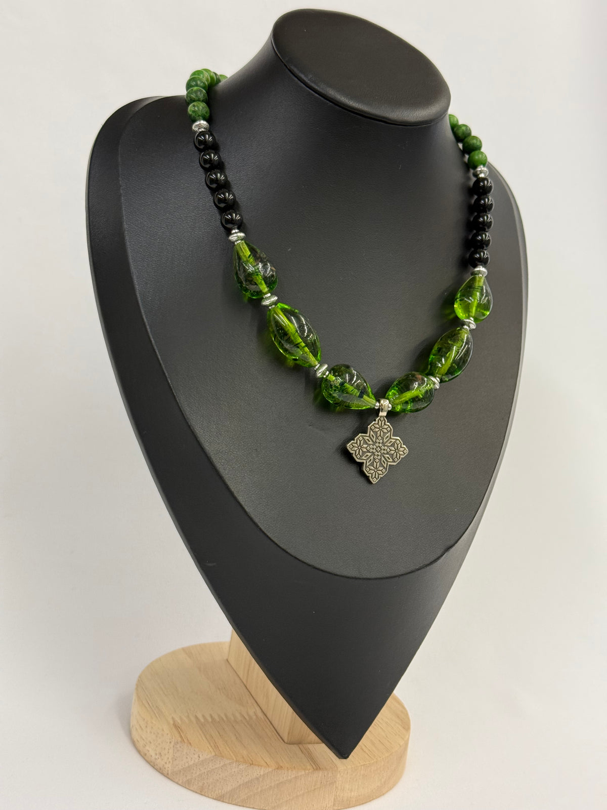 Jade, Black Agate & Murano Glass Necklace with German Silver Pendant
