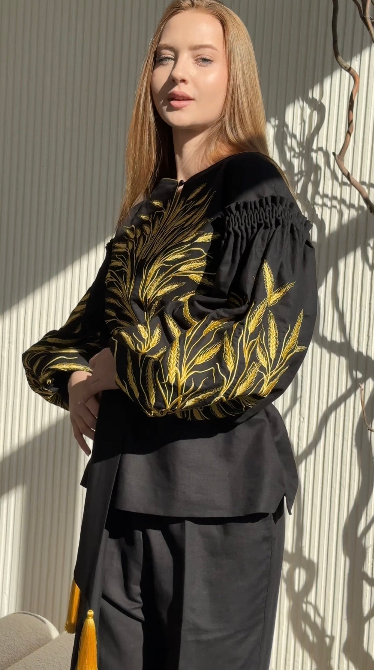 Black Linen Blouse with Wheat Embroidery