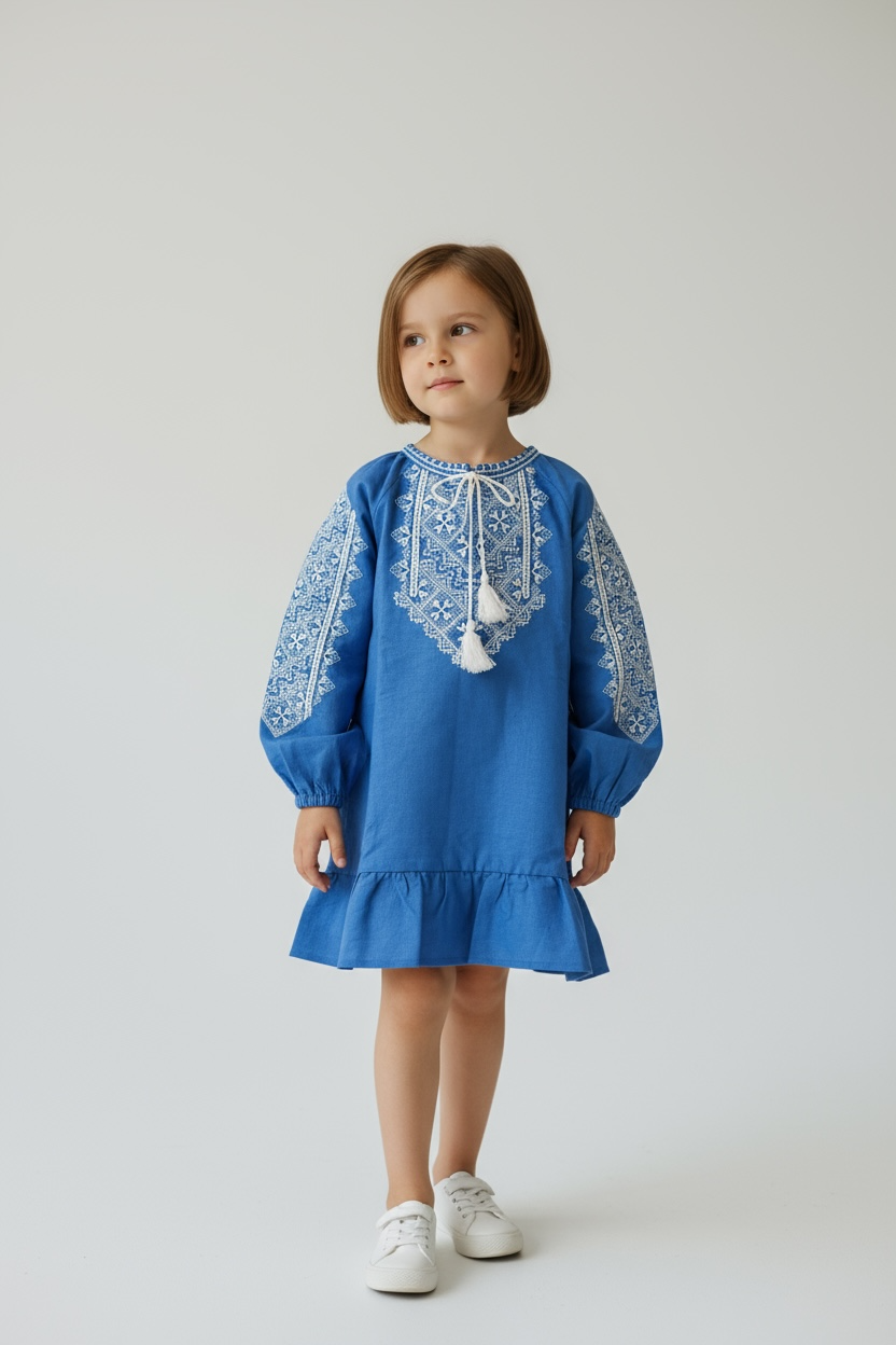 Girls Blue Linen Vyshyvanka Dress Long Sleeve In Ukrainian Traditions