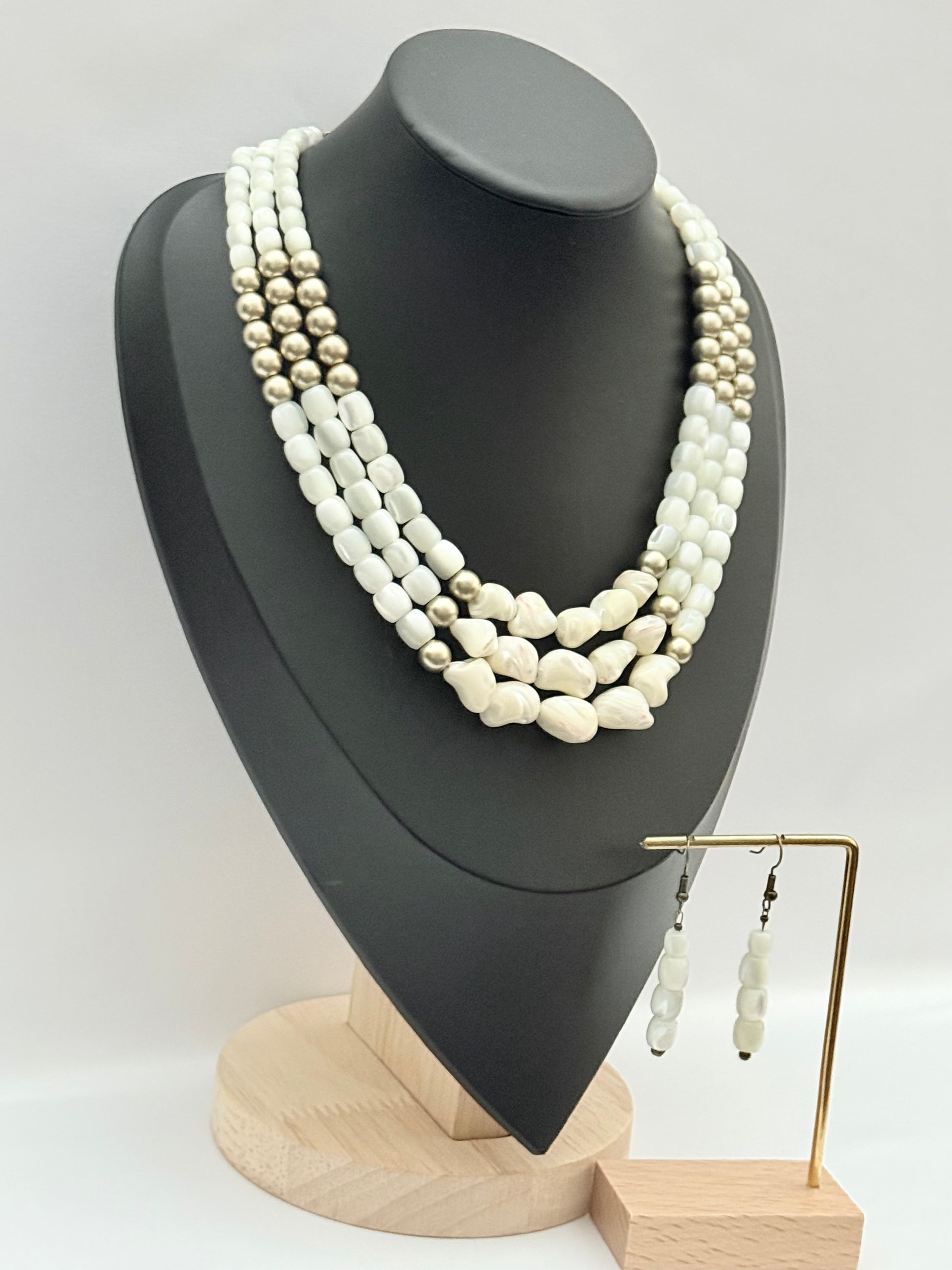 Three-Strand Mother-of-Pearl and Shell Necklace with Earrings