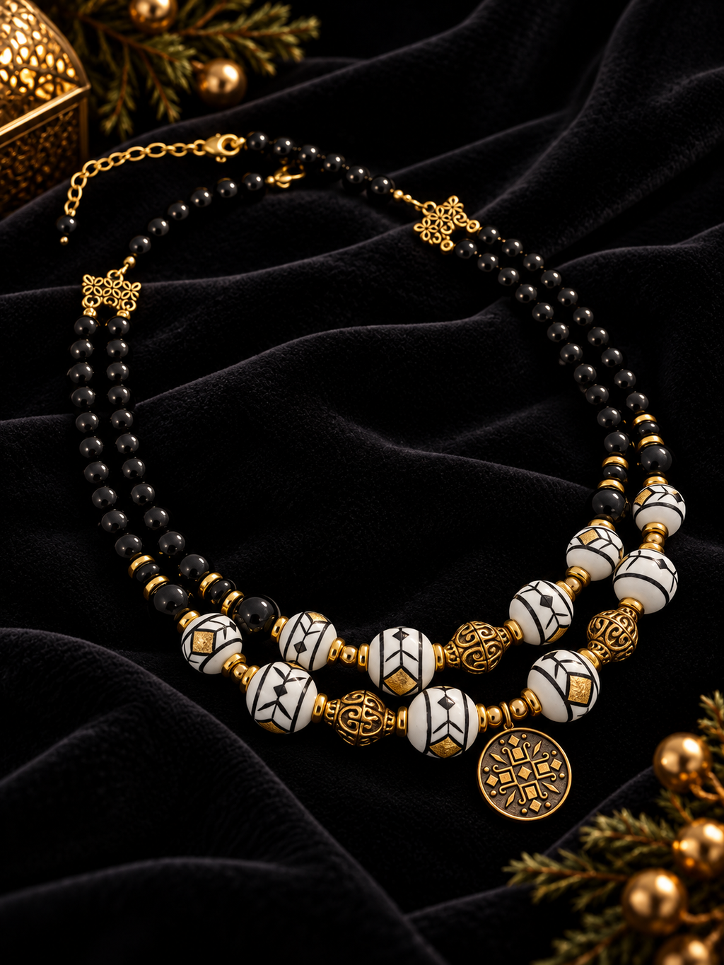“Kryzhyk” Double-Strand Onyx & Ceramic Necklace — “Christmas Night” Collection